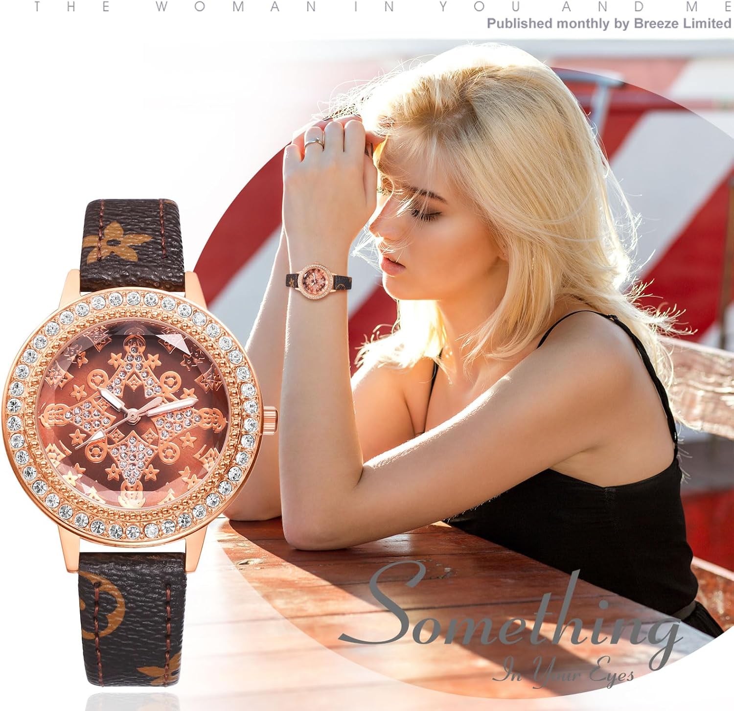 Detalle de JewelryWe Damen Uhr Leder Diamant – Glitzer Strass Analog Quarz Armbanduhr