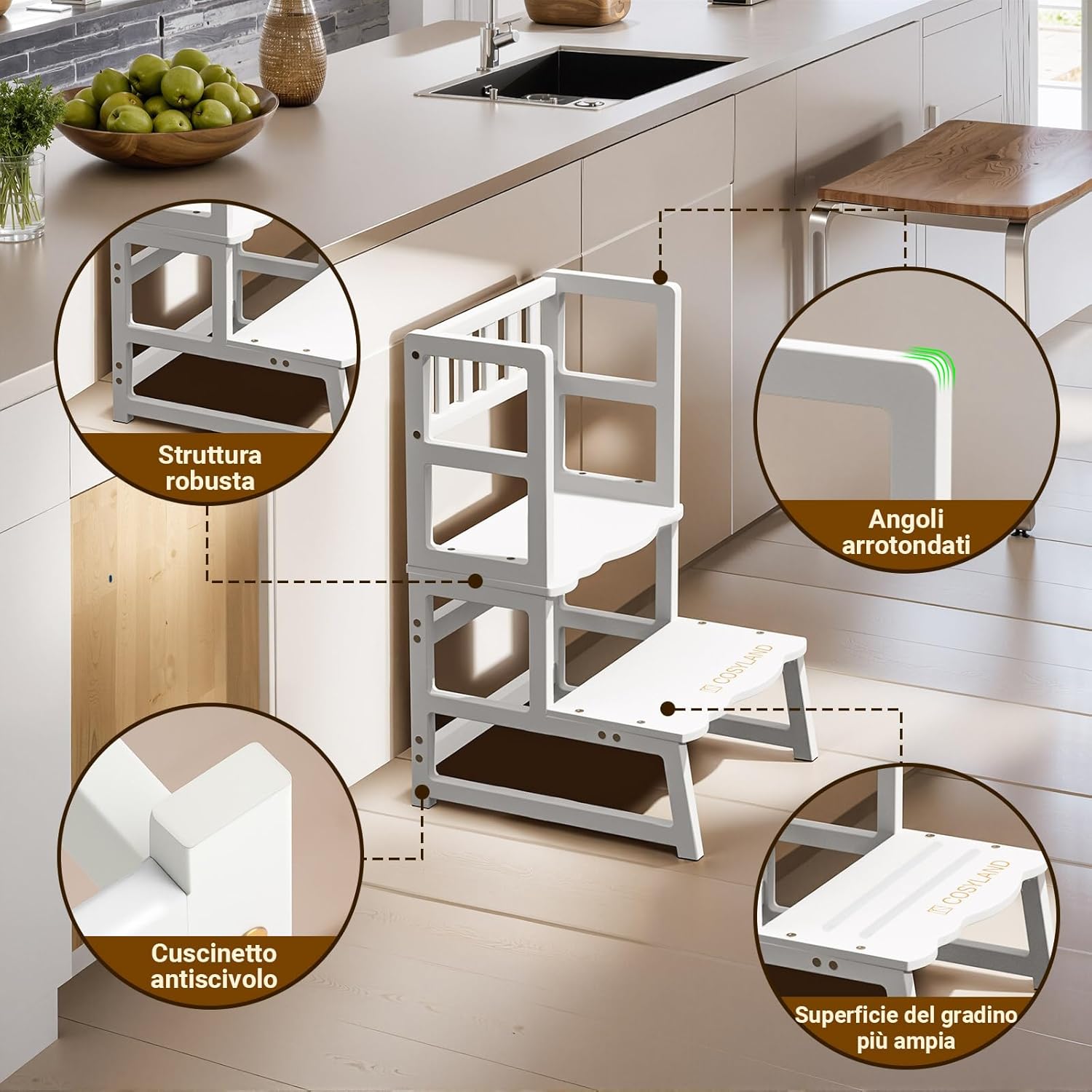 Thumbnail 2 de COSYLAND Torre Montessoriana 2 in 1 in bamboo – Bianco, protezione rimovibile e scala trasformabile
