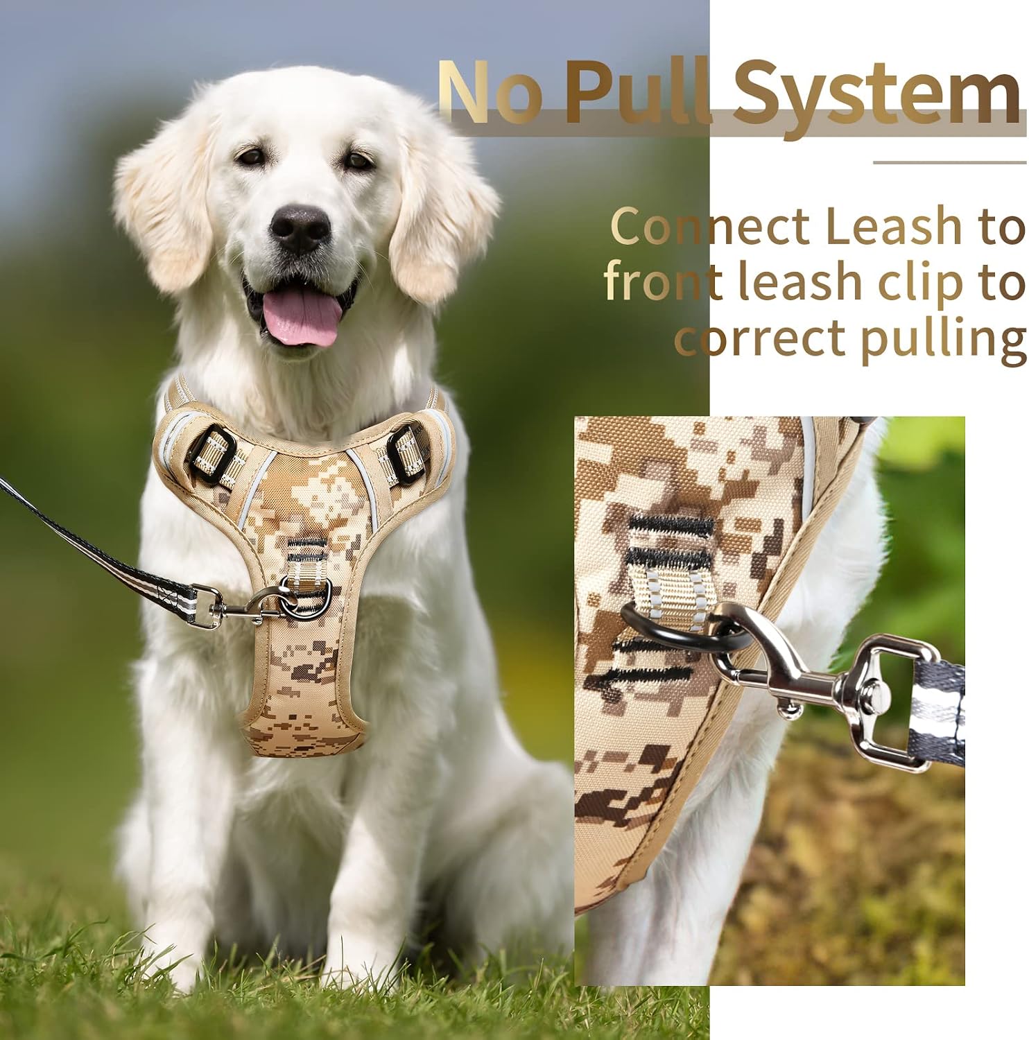 Detalle de HEELE Dog Harness No Pull Adjustable Padded Reflective Harness with Handle (Camouflage, Camo Tan) – Size M