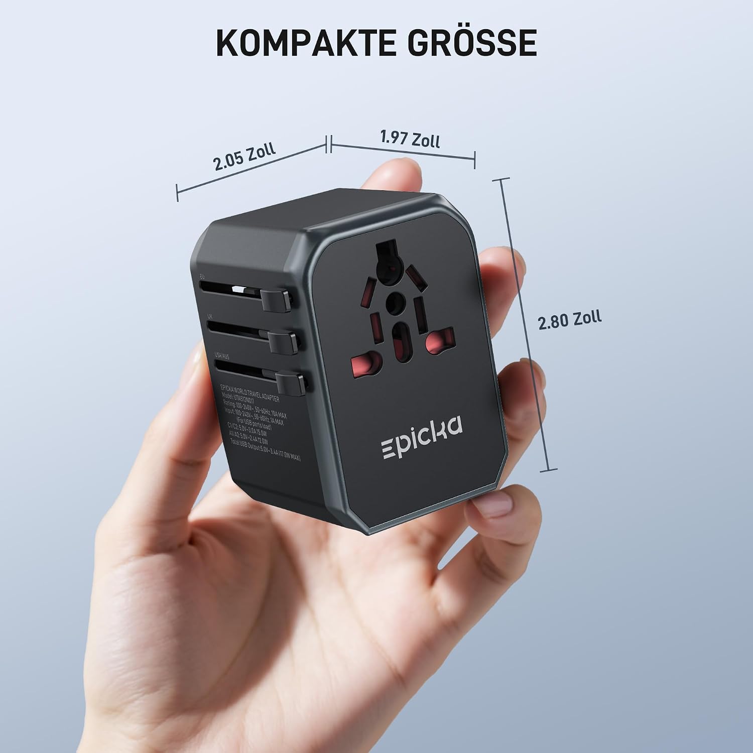 Detalle 2 de EPICKA Reiseadapter Weltweit – Universal-Reisestecker mit 2 USB-C, 2 USB-A und AC-Dose (TA-104e)