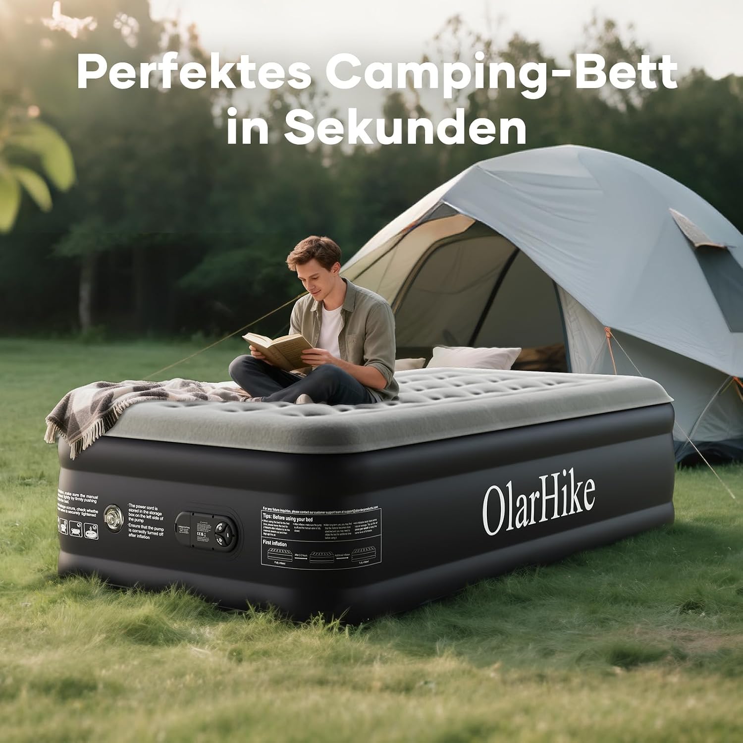 Detalle de OlarHike Luftbett 1 Person 90 x 200 x 50 cm mit integrierter Pumpe – Gästematratze für Camping & Zuhause