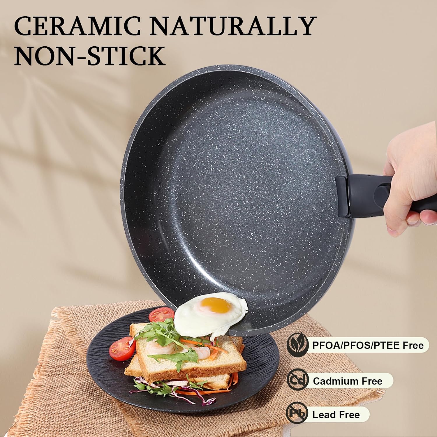 Detalle de GiPP 3-Piece Non Stick Pots and Pans Set with Detachable Handle (Grey Granite, PFOA Free)