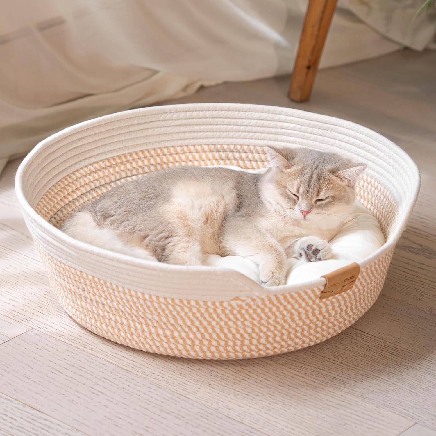 Detalle de CheerPals Cat Bed with Cushion, 47 cm: All‑Season Cotton Rope Basket for Cats