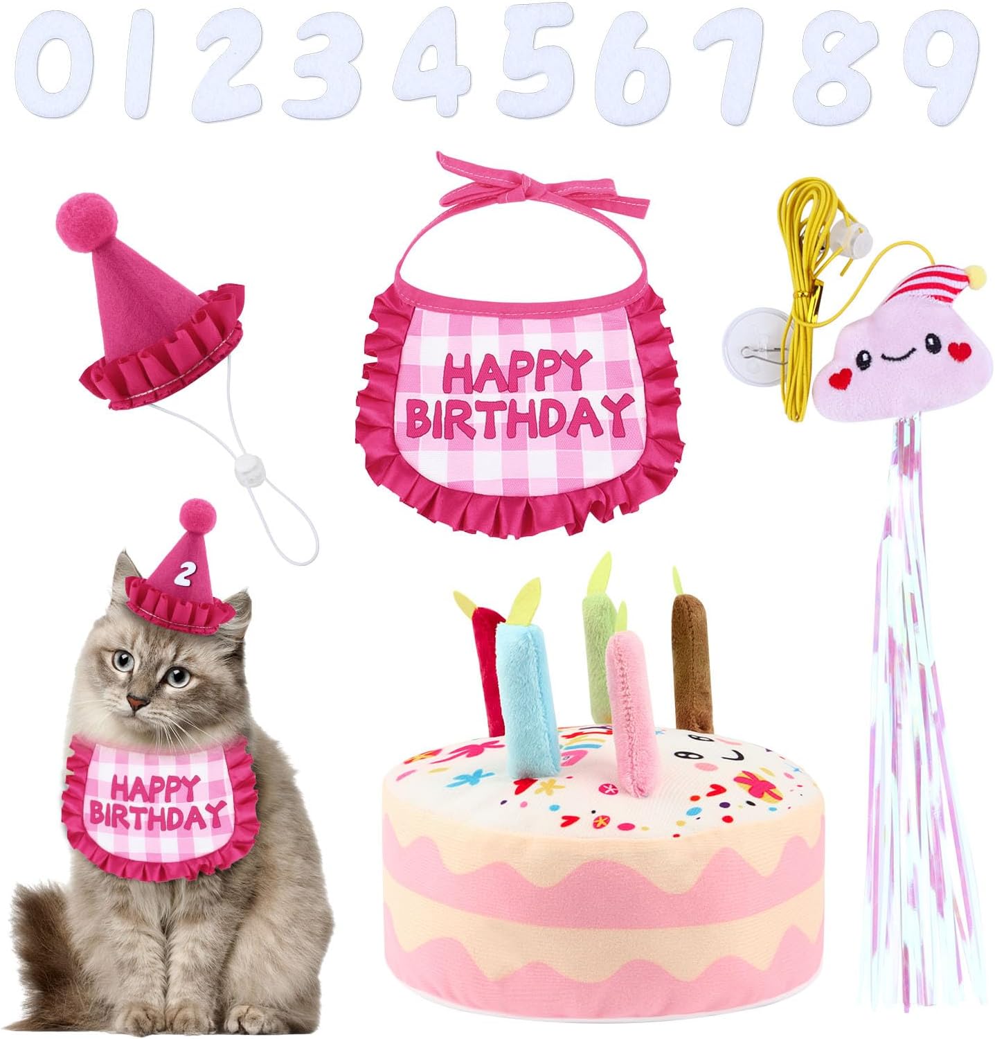 Thumbnail 6 de Katzen Geburtstag Outfit Set für Haustierparty: Bandana, Hut mit Zahlen 0–9, Plüsch-Torte & hängendes Katzenspielzeug (Blau)