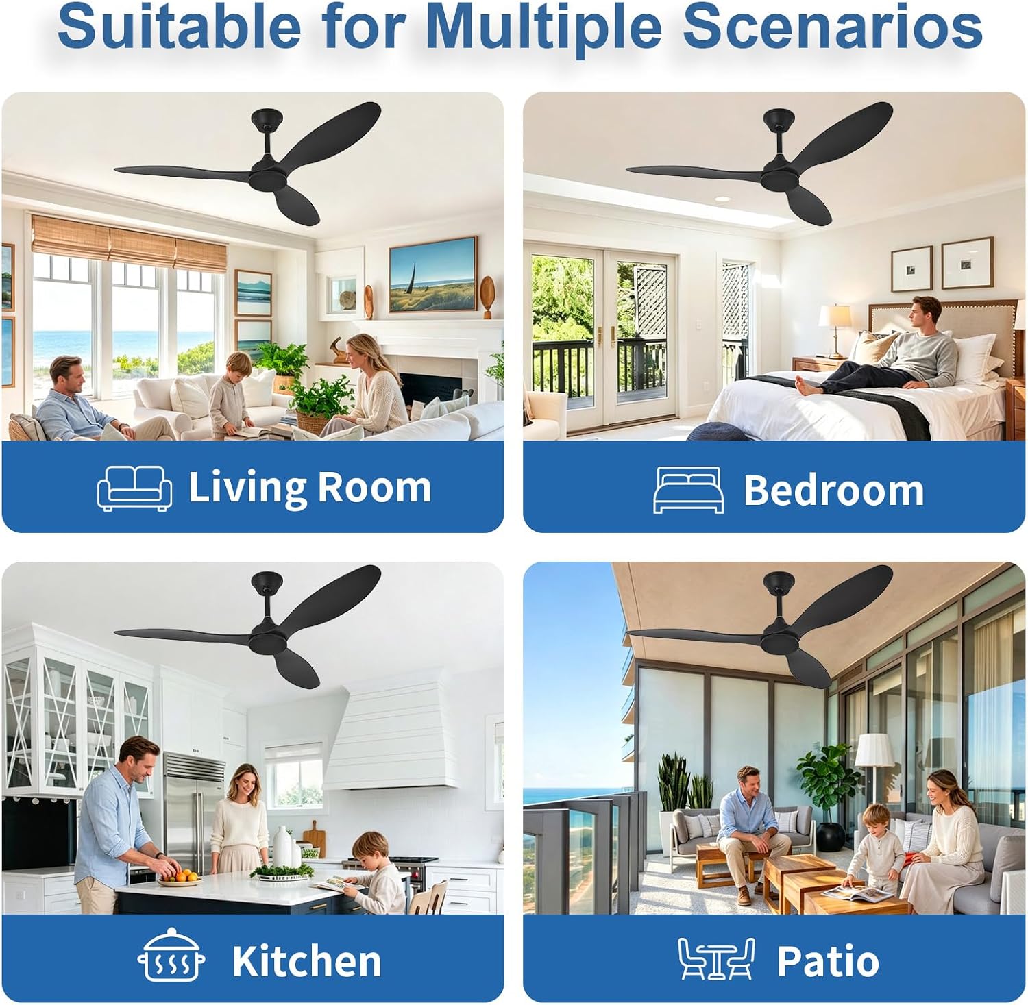 Detalle de AIROPLUX 52IN-3BLD-NL-BK 52-Inch Ceiling Fan, No Light, Reversible DC Motor
