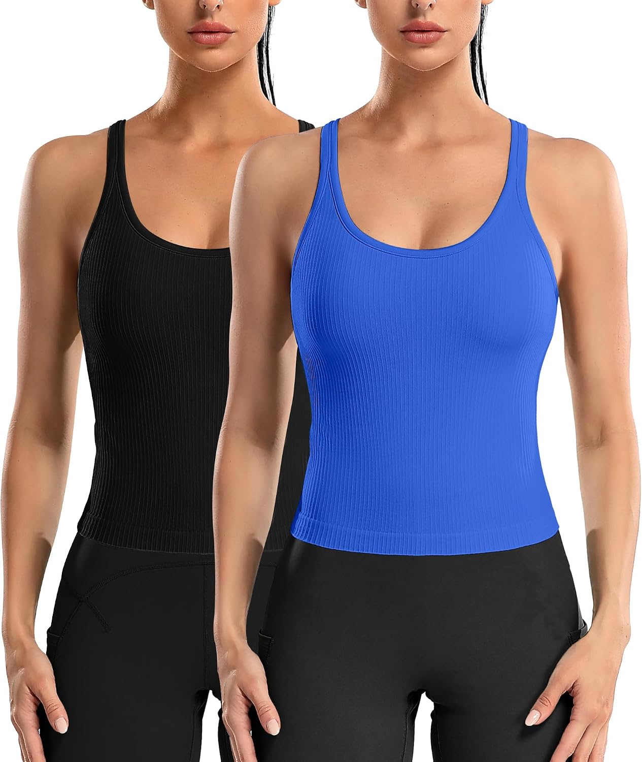 Detalle de ATTRACO Women Ribbed Workout Crop Top with Built-In Bra — Yoga Racerback Tank