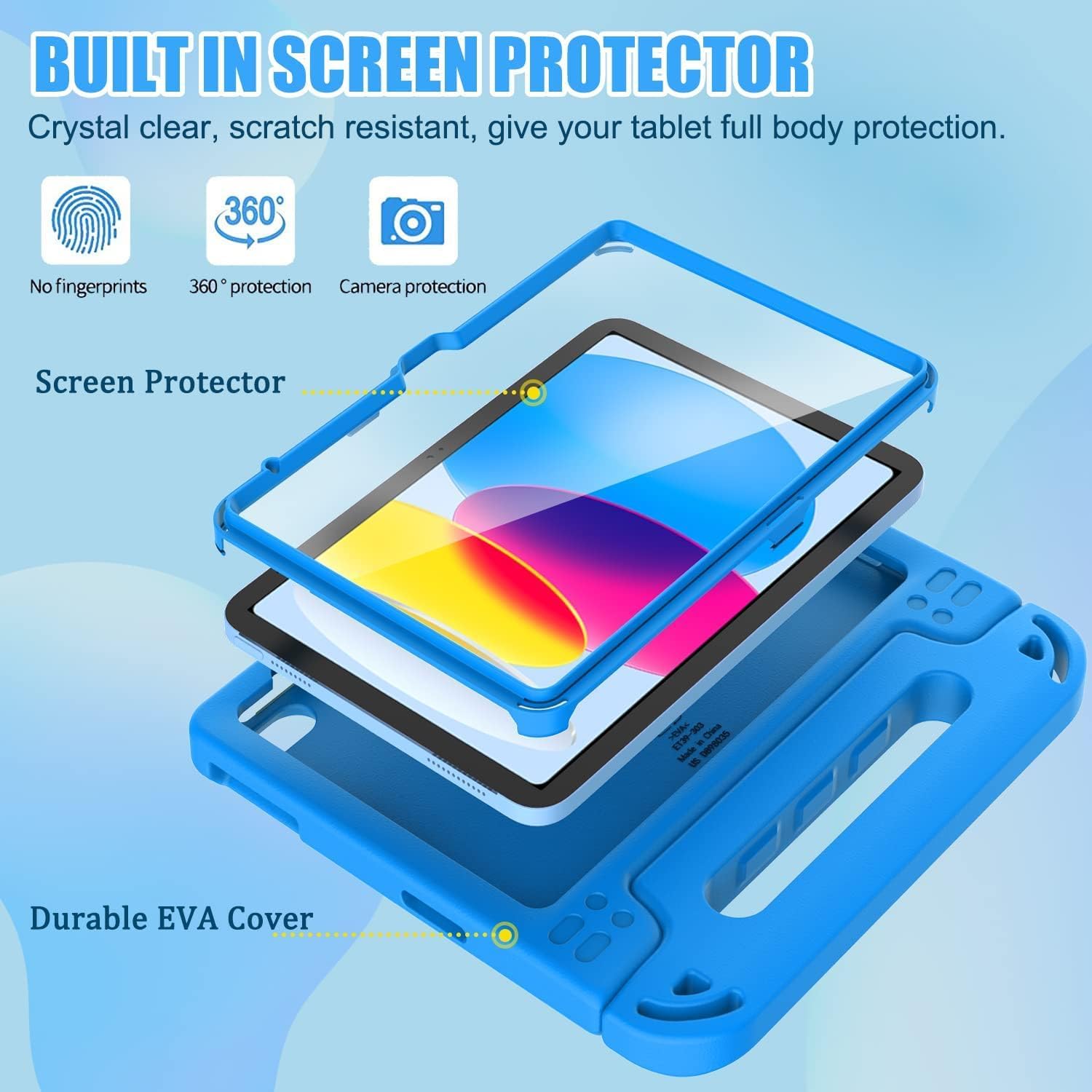 Detalle de SINSO Case for iPad (A16) 11th Gen 11-Inch / 10th Gen 10.9-Inch – Built-in Screen Protector, Shockproof, Lightweight with Handle/Stand (Blue)