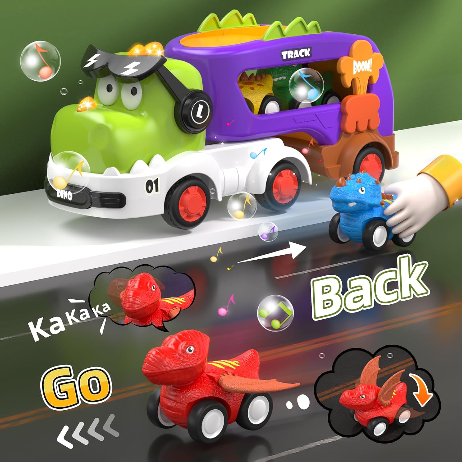 Thumbnail 5 de Usrela 5-in-1 Dinosaur Truck Toy with Sound, Lights & 4 Pull-Back Cars (for ages 2–4)