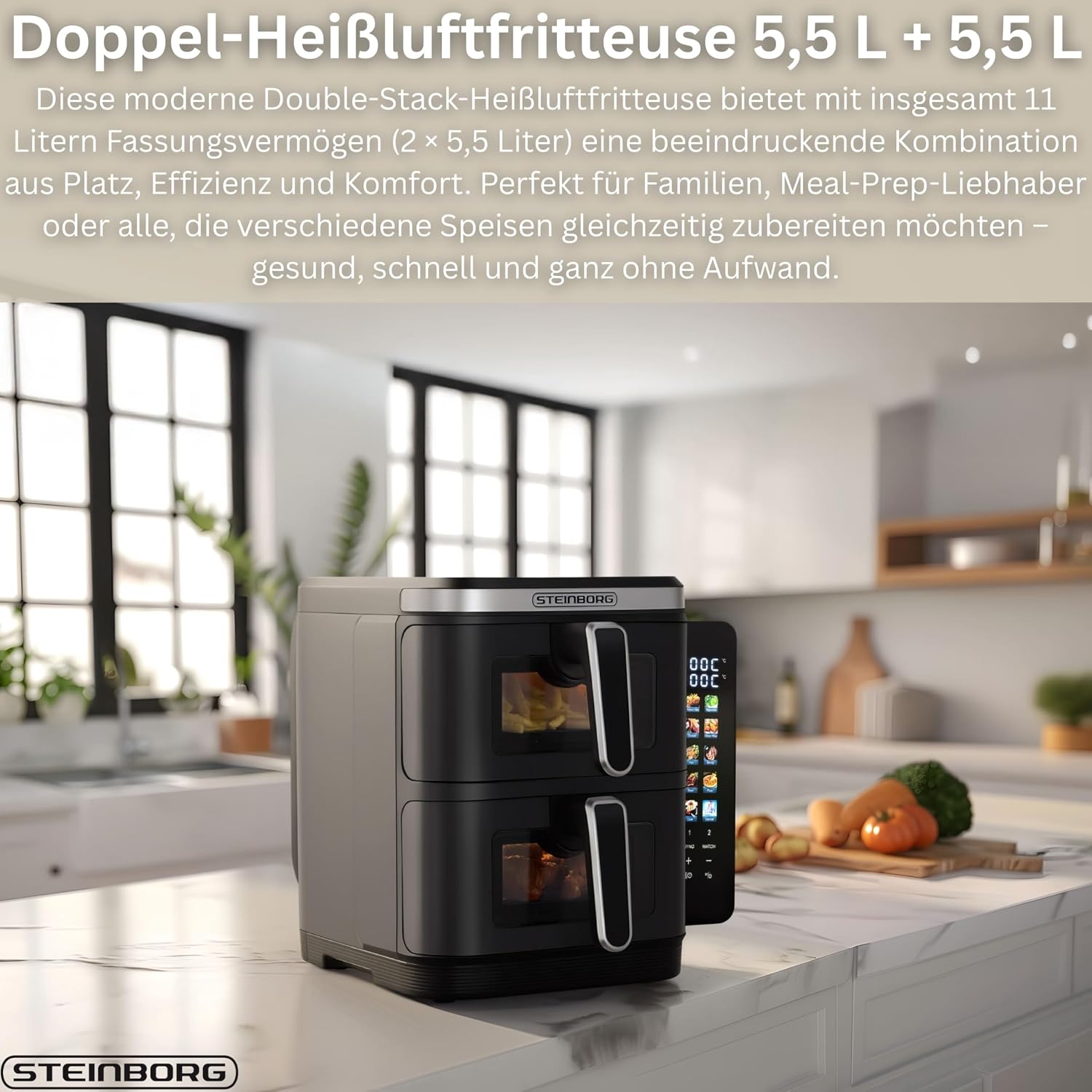 Detalle de Steinborg Heißluftfritteuse Doppelkammer 11 Liter