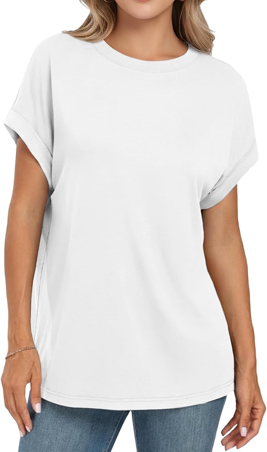 Detalle de Cuptacc Damen Oversize T-Shirt mit Rundhalsausschnitt – Sommer Casual, Flügelärmel