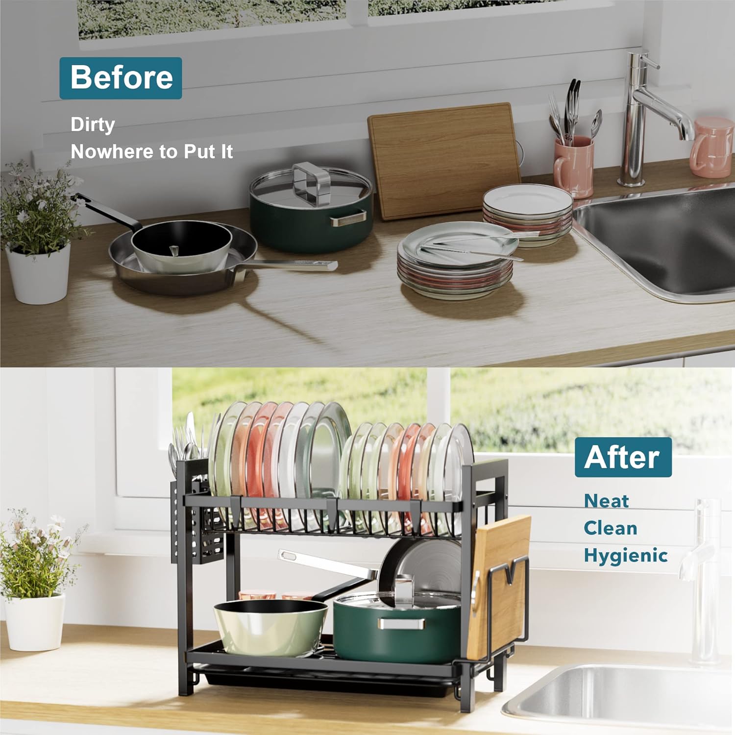 Thumbnail 1 de Black 2-Tier Dish Drainer with Utensil Holder and Drip Tray (43.5 x 24.5 x 34.5)