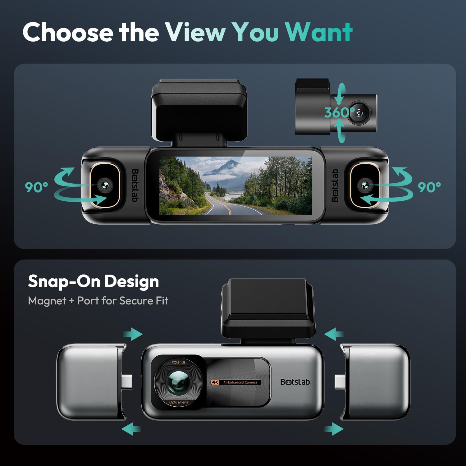 Thumbnail 2 de BOTSLAB 3K 4-Channel Dash Cam with 560° coverage, WiFi, GPS, and voice control