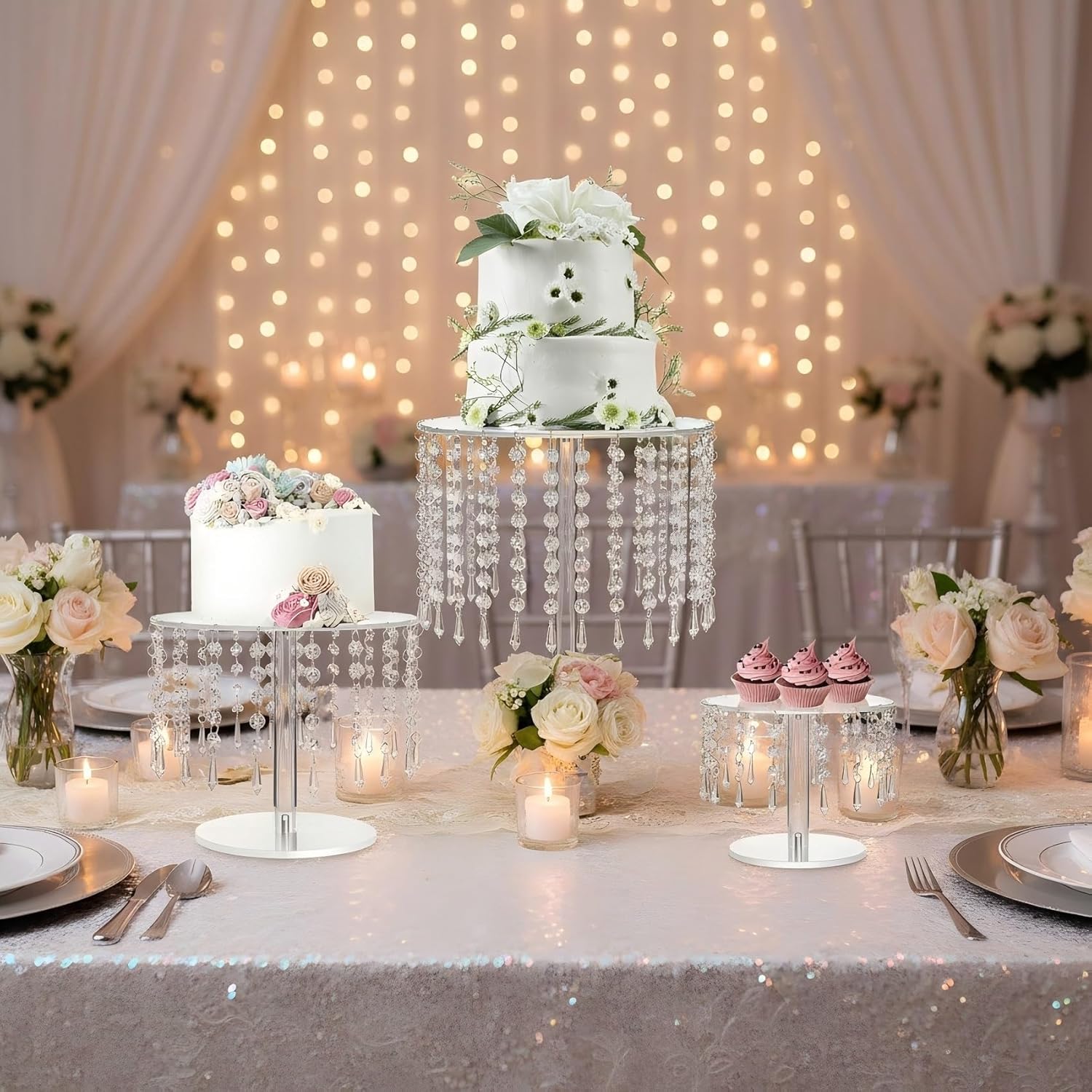 Thumbnail 2 de LANLONG Crystal Cake Stand Set (3 pcs) – Clear Acrylic Round Cake & Cupcake Stands for Weddings, Birthdays & Parties