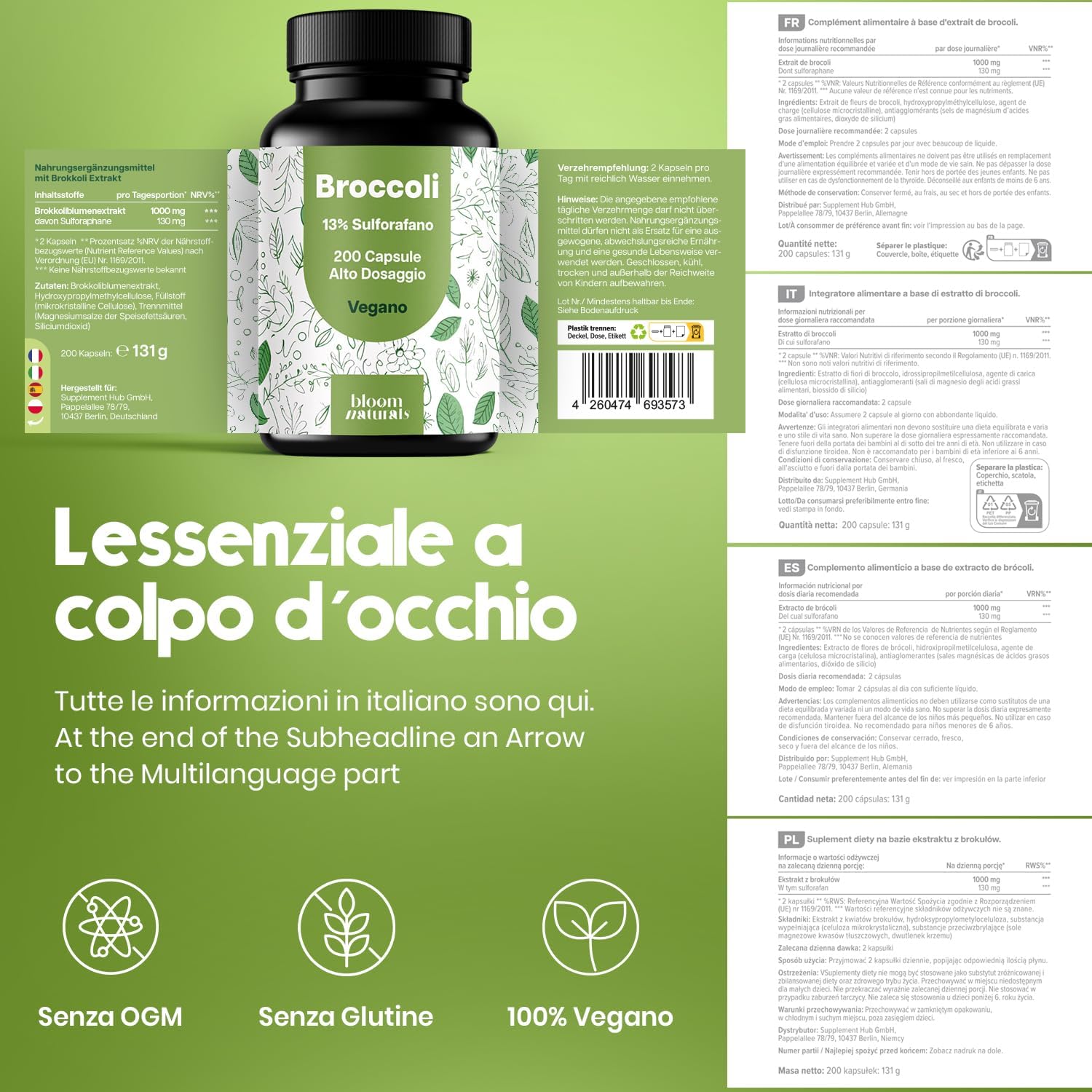 Detalle de Broccoli - Estratto di Broccoli 1000 mg con Sulforafano 130 mg (13%) - 200 Capsule Vegano, Prodotto in Germania