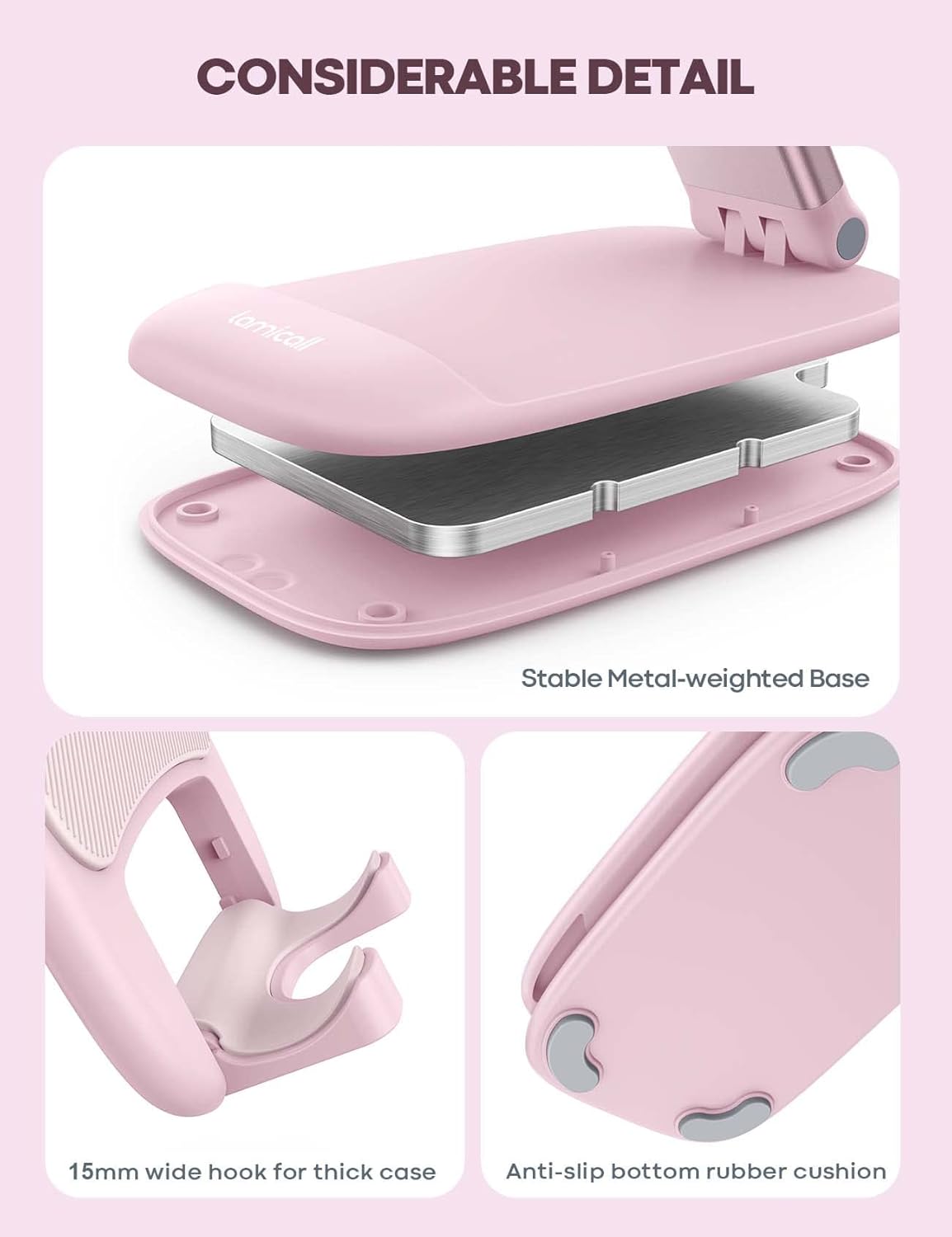 Detalle de Lamicall Adjustable Phone Stand for Desk – Foldable, Sturdy Metal Base (Pink) for 4–11" Phones