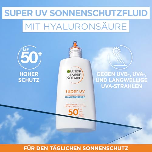 Detalle de Garnier Ambre Solaire Super UV Fluid LSF 50+ mit Hyaluronsäure – leichte, matte Gesichtssonnencreme (40 ml)