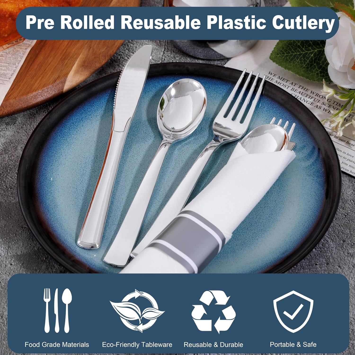 Detalle de Joyido 200 Guests Pre-Rolled Silver Plastic Silverware Set (200-Piece Pack with Napkins)
