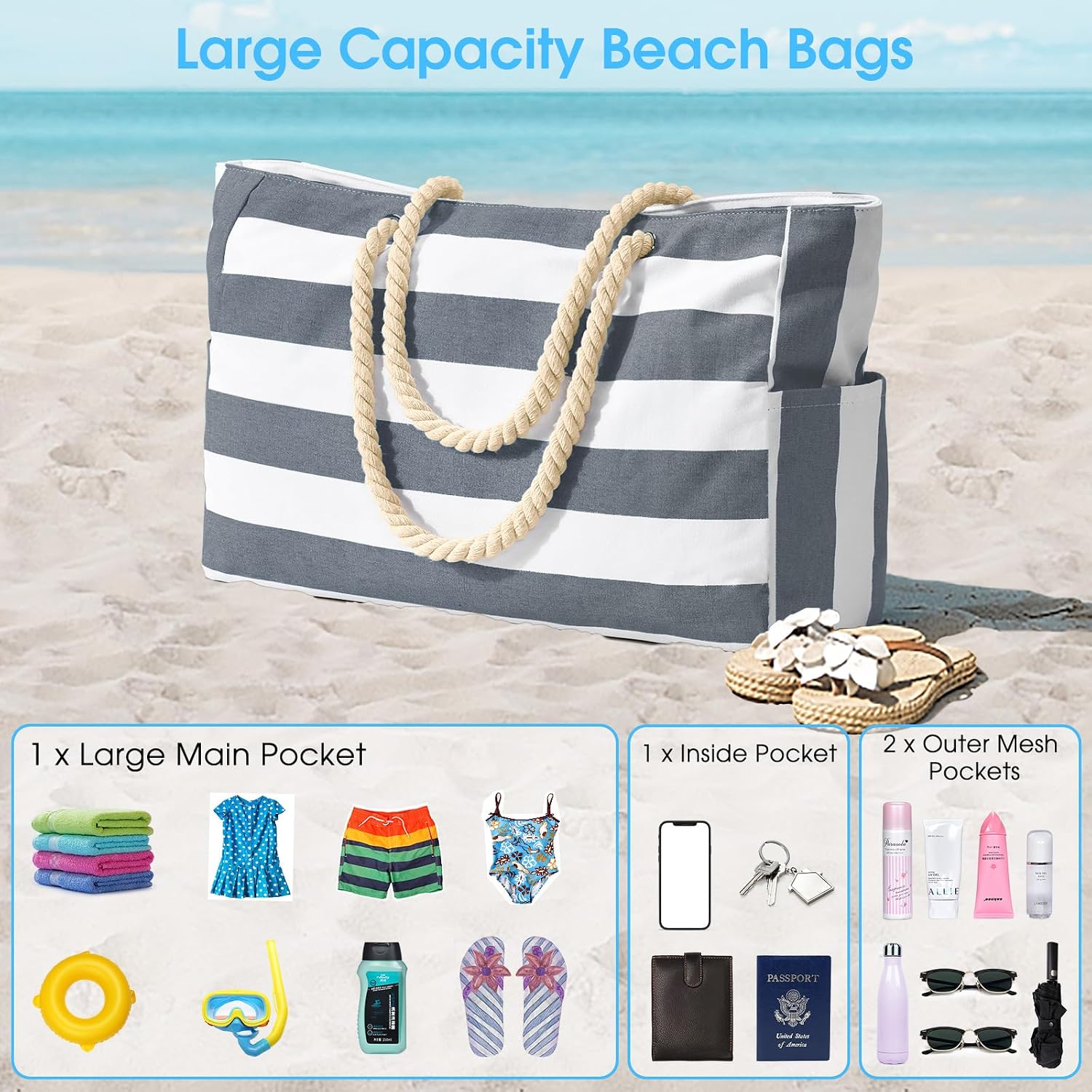 Thumbnail 6 de oscaurt Strandtasche „Streifen“ – wasserdichte XXL Tote Bag mit Reißverschluss