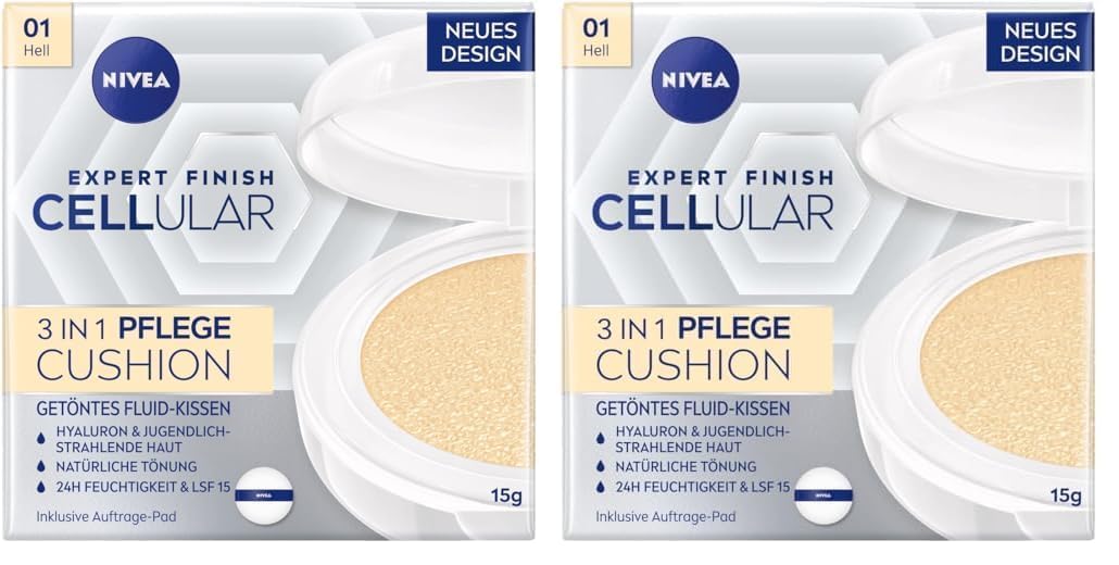 Detalle de NIVEA Cellular Expert Finish 3in1 Pflege Cushion LSF 15 Make-up Cushion (helle Hauttöne) – Packung mit 2
