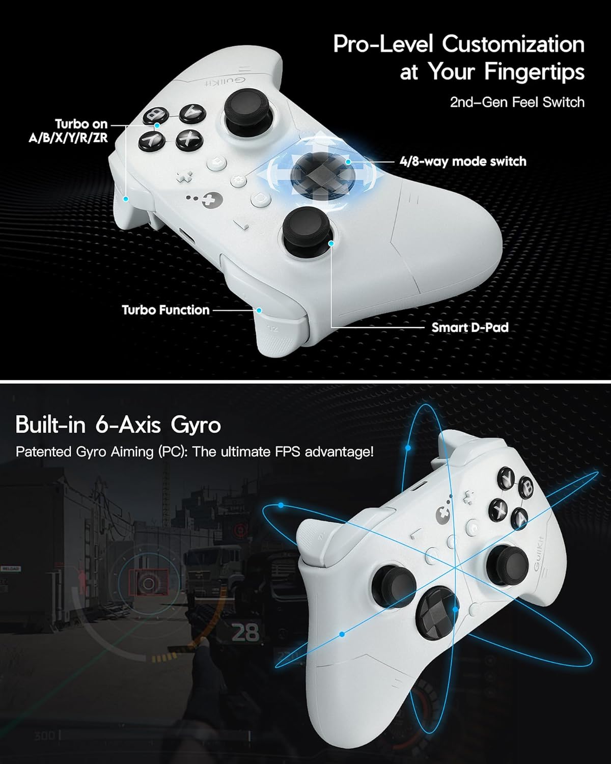 Detalle de GuliKit ES PRO Wireless Controller (PC, Windows, Android, iOS, Switch 1/2) mit 3,25 ms Latenz und TMR-Sticks – Weiß