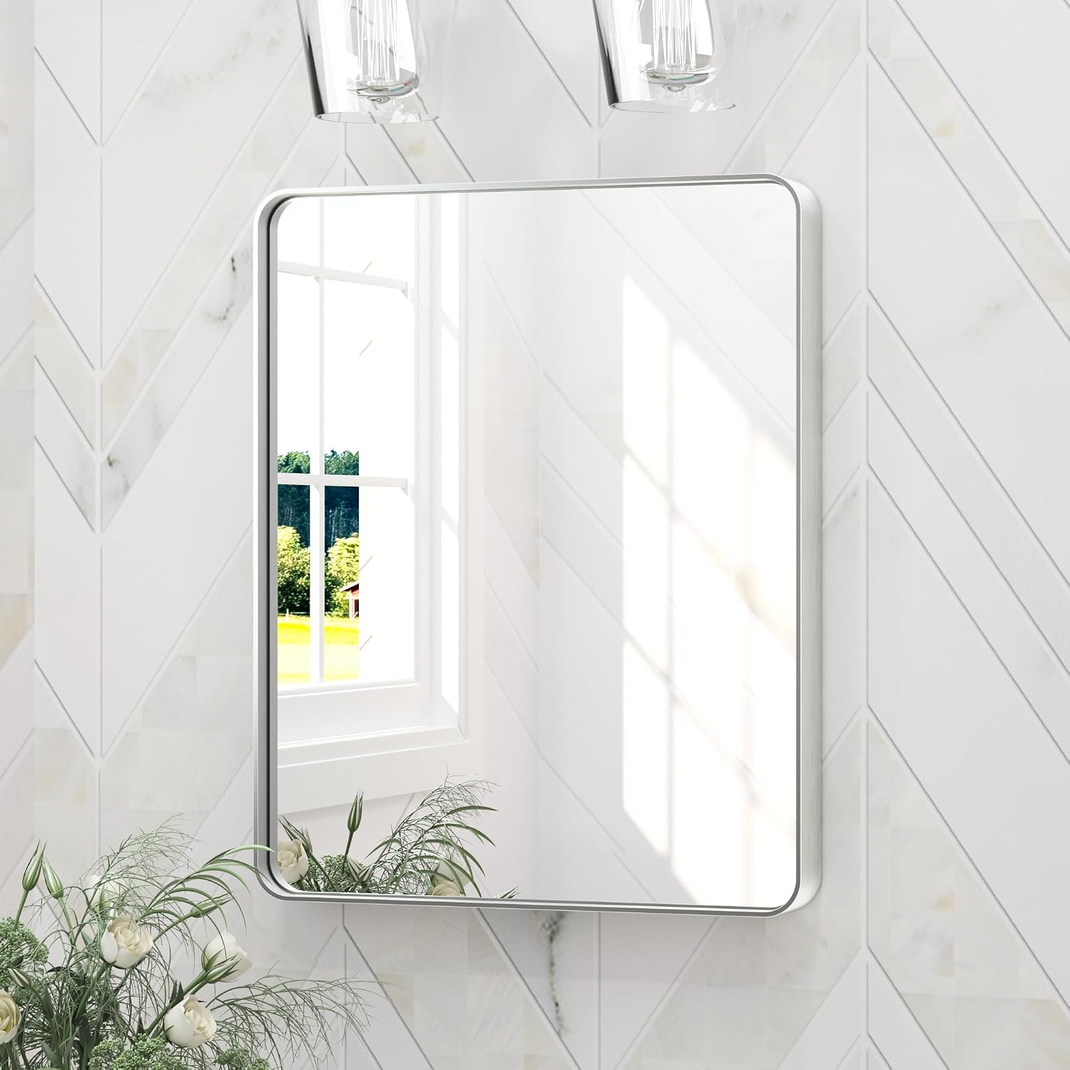 Detalle de Keonjinn 24 x 30 Brushed Nickel Vanity Mirror