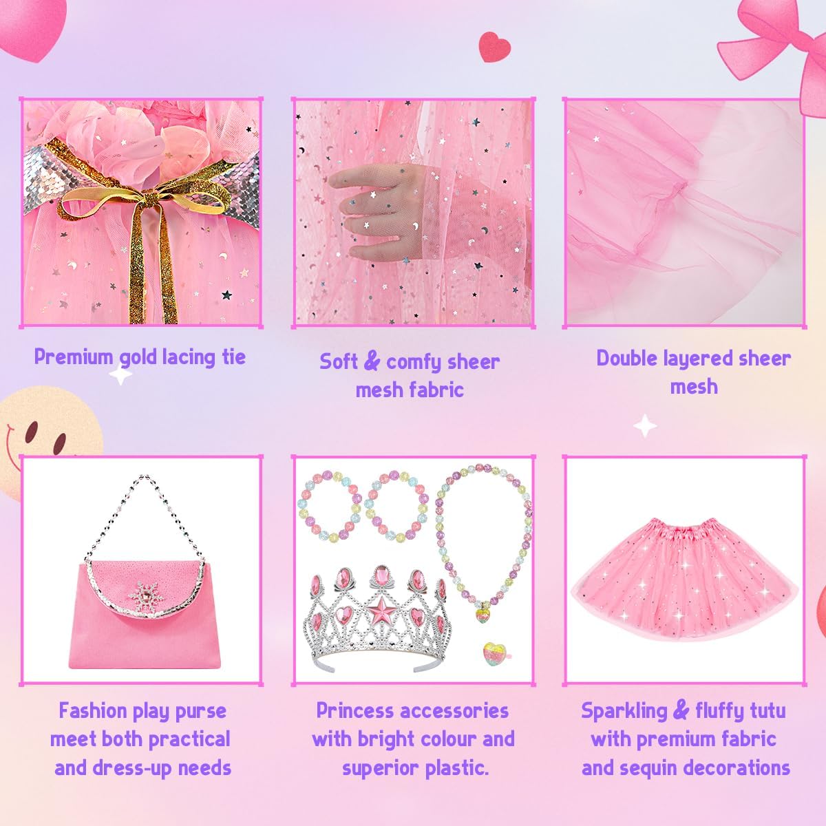 Thumbnail 4 de Meland Princess Dress Up Clothes for Girl with Light-Up Cape, Crown & Wand (Princess Play Set)