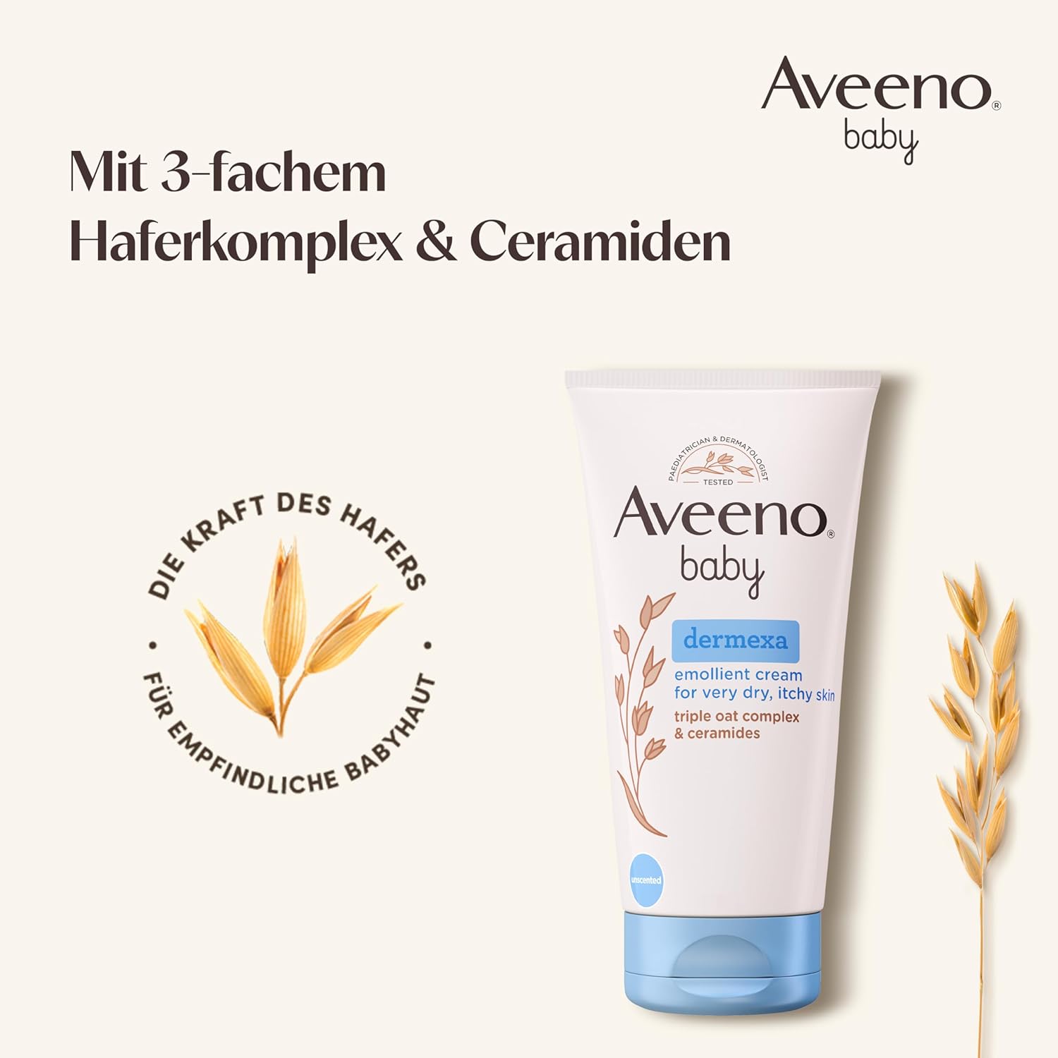 Detalle de Aveeno baby dermexa Emollientien Creme mit präbiotischem Hafermehl, Ceramiden & Panthenol (150 ml) für sehr trockene, juckende Haut