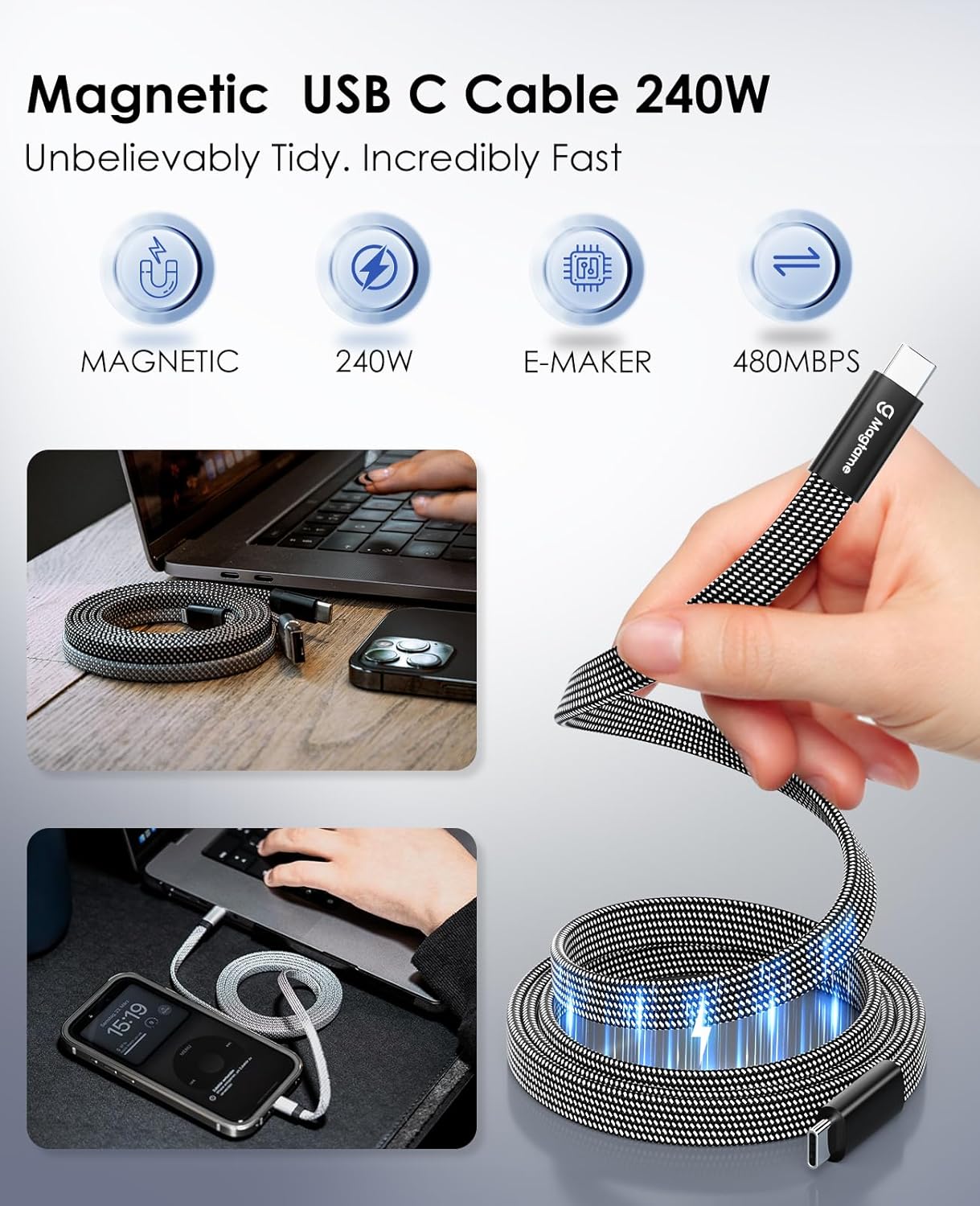 Thumbnail 1 de Magtame USB-C Cable 240W Flat Magnético, Carga rápida 1.5m