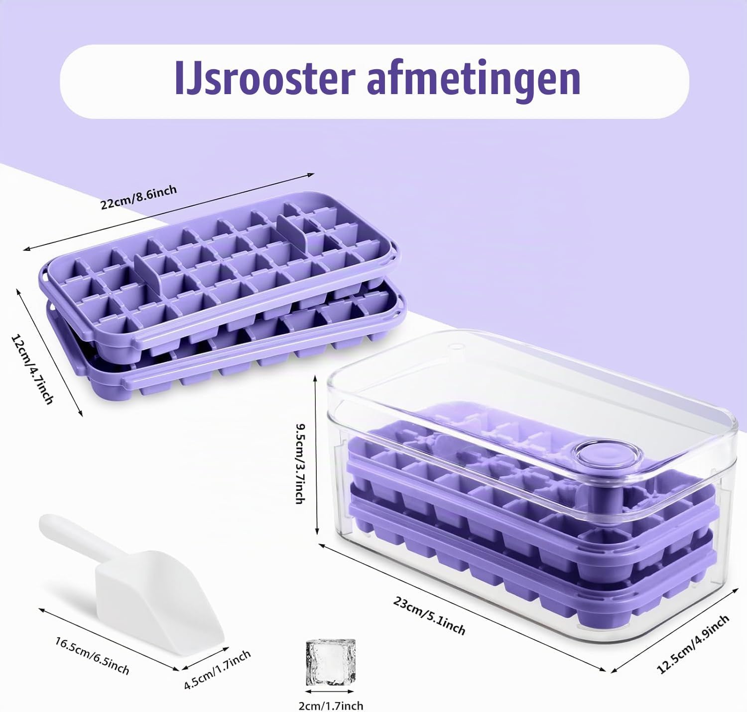 Detalle 2 de Seachrgif bing-ZS-005 ijsblokjesvorm met deksel en schep, 64 ijsblokjes, paars