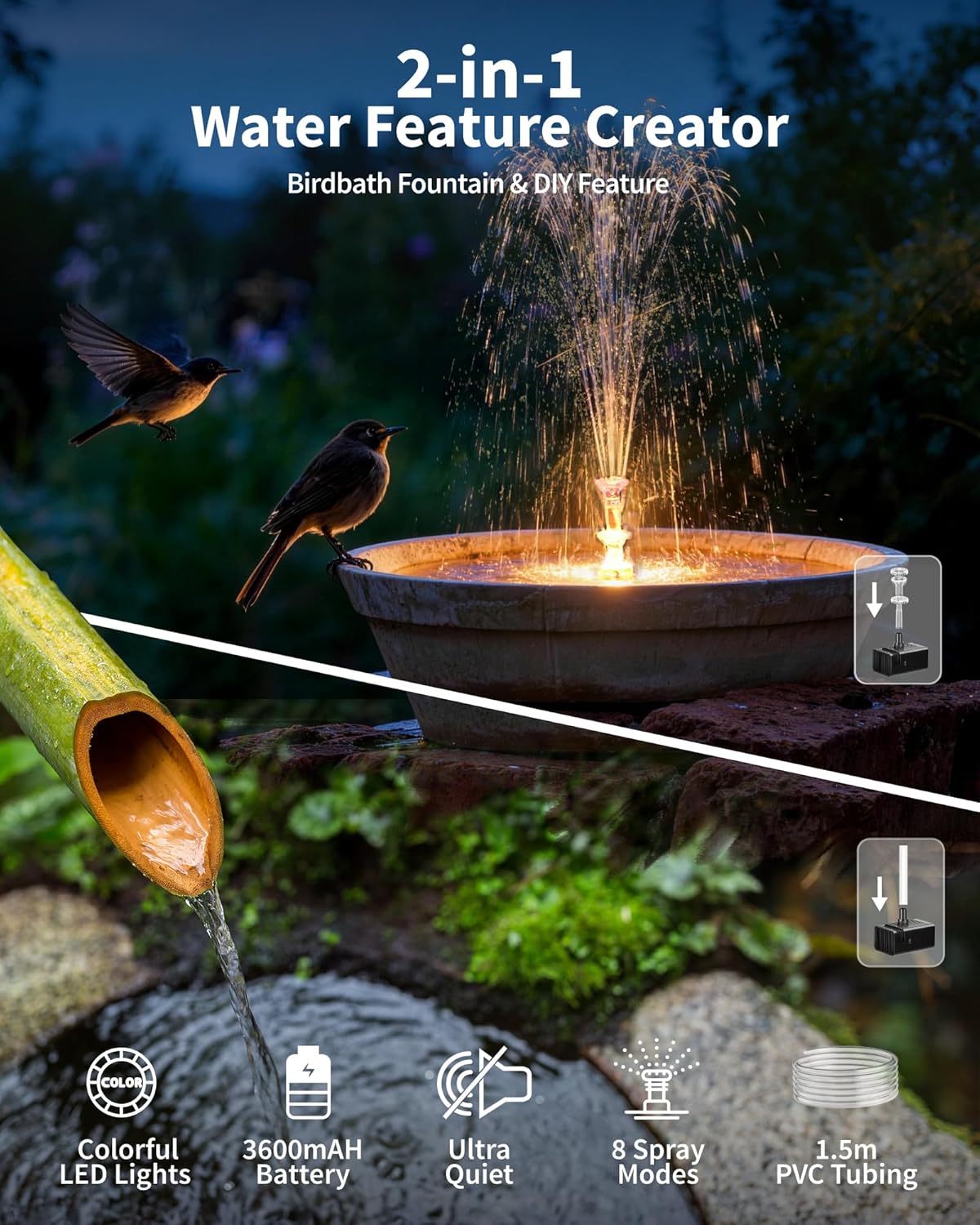 Thumbnail 4 de POPOSOAP 8W Solar Powered Water Fountain Pump with Battery Backup, LED Lights, 8 Nozzles & PVC Tubing