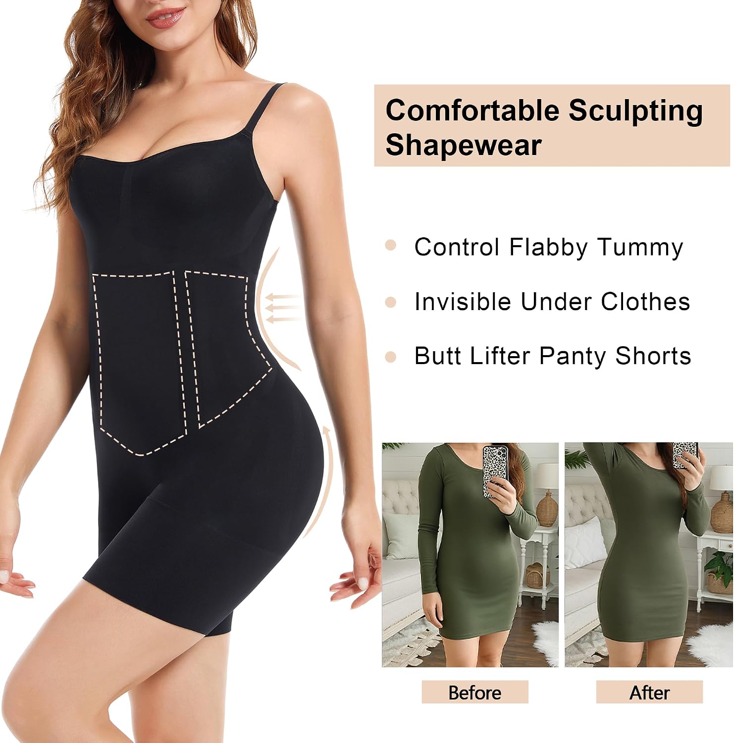 Detalle 1 de SHAPERX Tummy Control Shapewear Bodysuit, Seamless Open-Bust Mid-Thigh