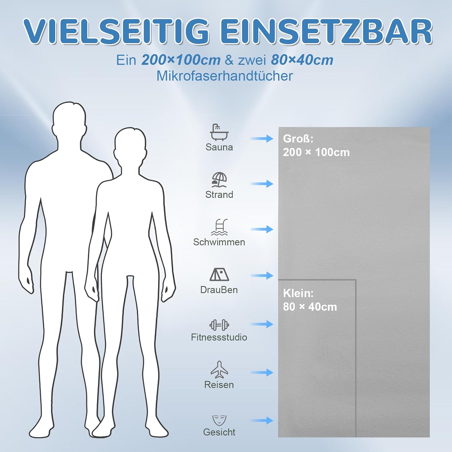 Thumbnail 3 de Fosdaling Mikrofaser Handtuch 3er-Set (200×100 cm + 2× 80×40 cm) – schnell trocknendes Sport- und Reisehandtuch in Hellgrau