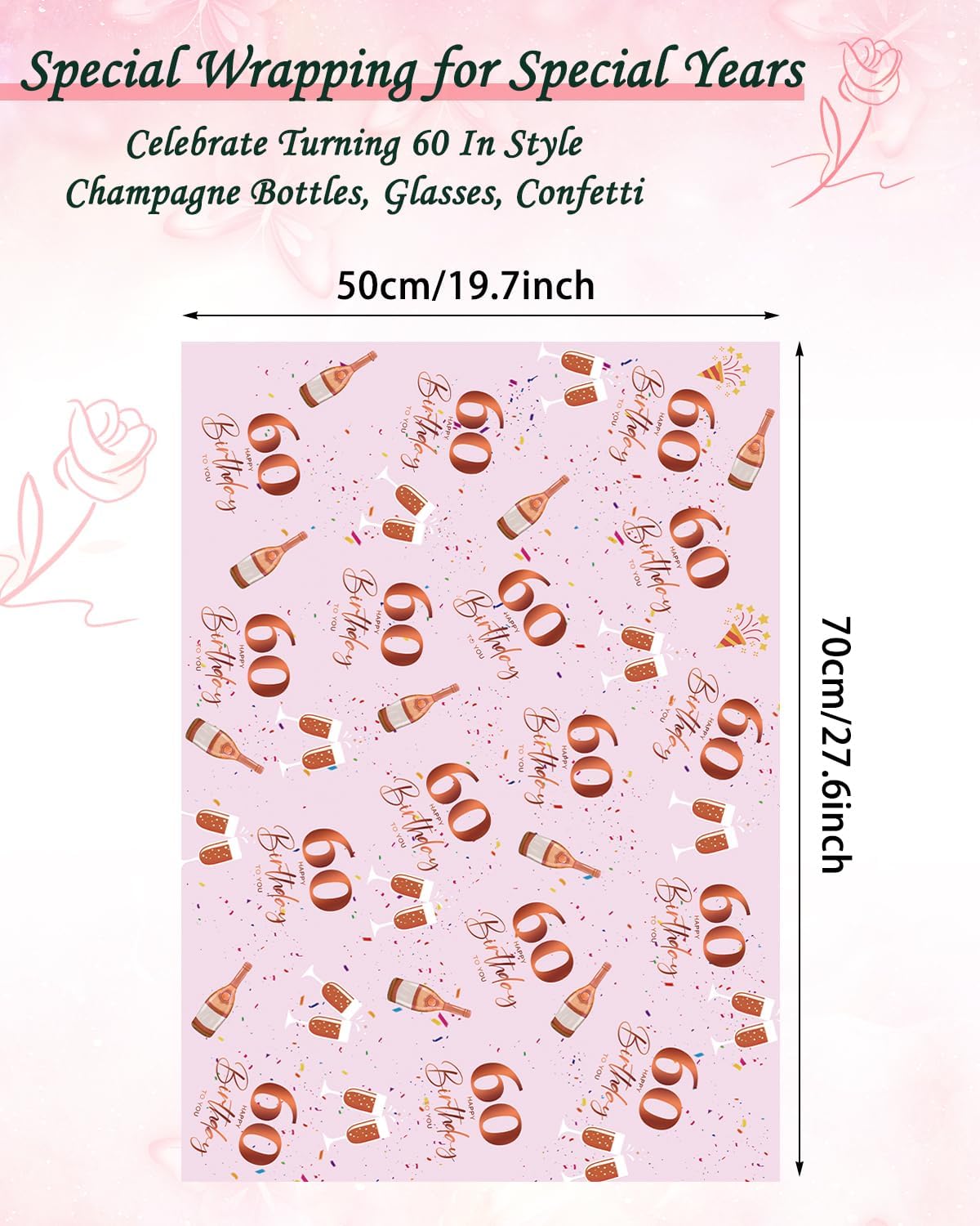 Thumbnail 2 de Vinuwu 6 Sheets 60th Birthday Wrapping Paper – Rose Gold Pink 70x50cm, Plastic Free & Recyclable