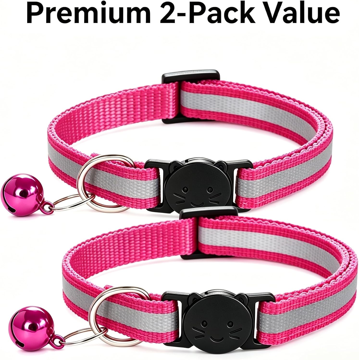 Detalle 2 de Qinao 2Pack Reflective Quick Release Cat Collars with Bell & Safety Release (Dark Pink)