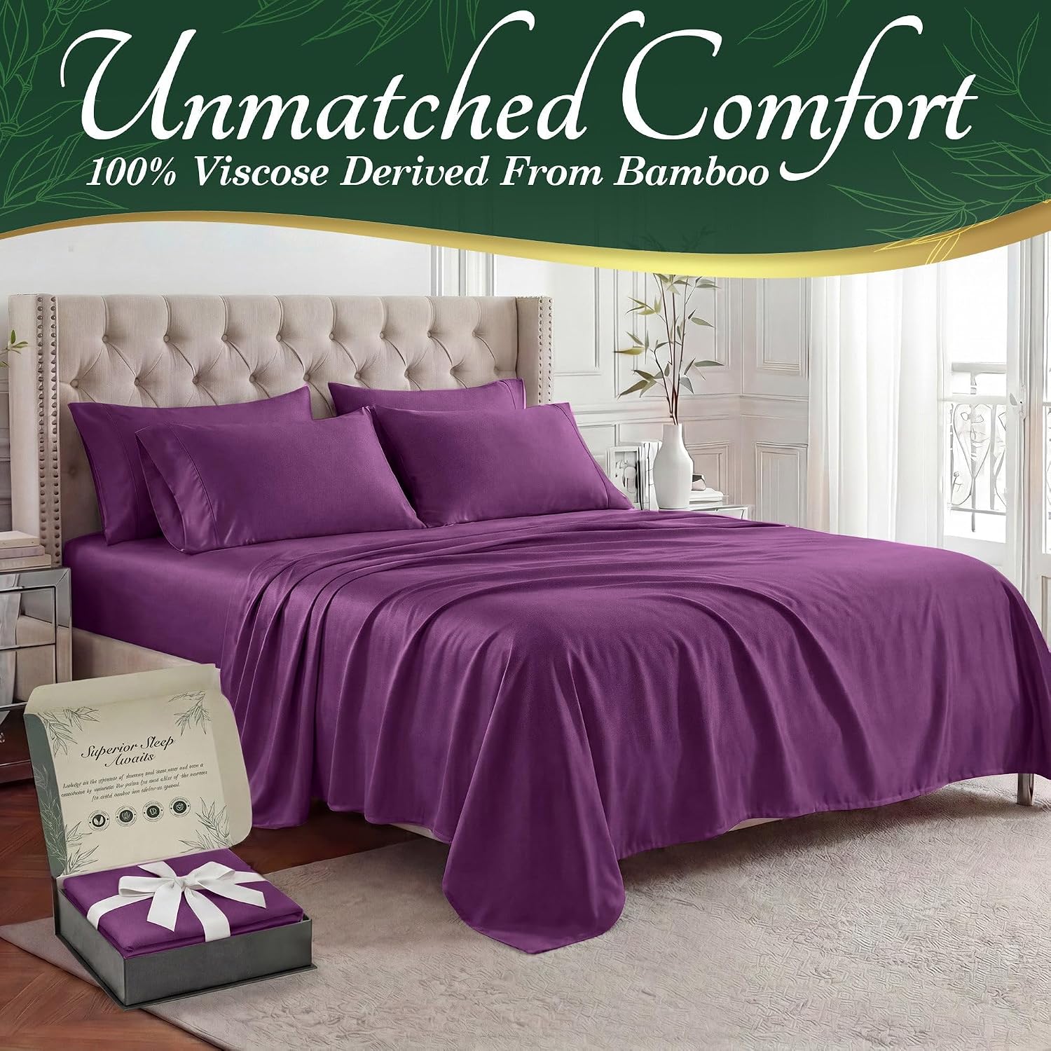 Thumbnail 1 de DECOLURE 100% Viscose Derived from Bamboo Queen Sheets Set (Purple) – 6-Piece, Deep 17" Pockets