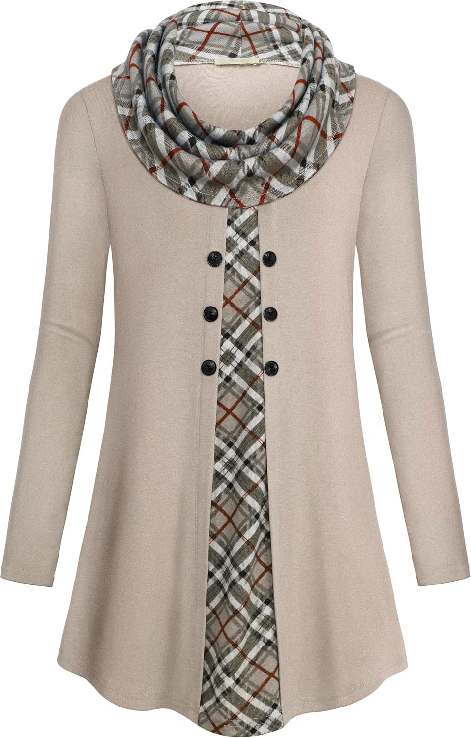 Detalle de GUUKA Women's Cowl Neck Tunic Sweatshirt with Button Detail and Plaid Design