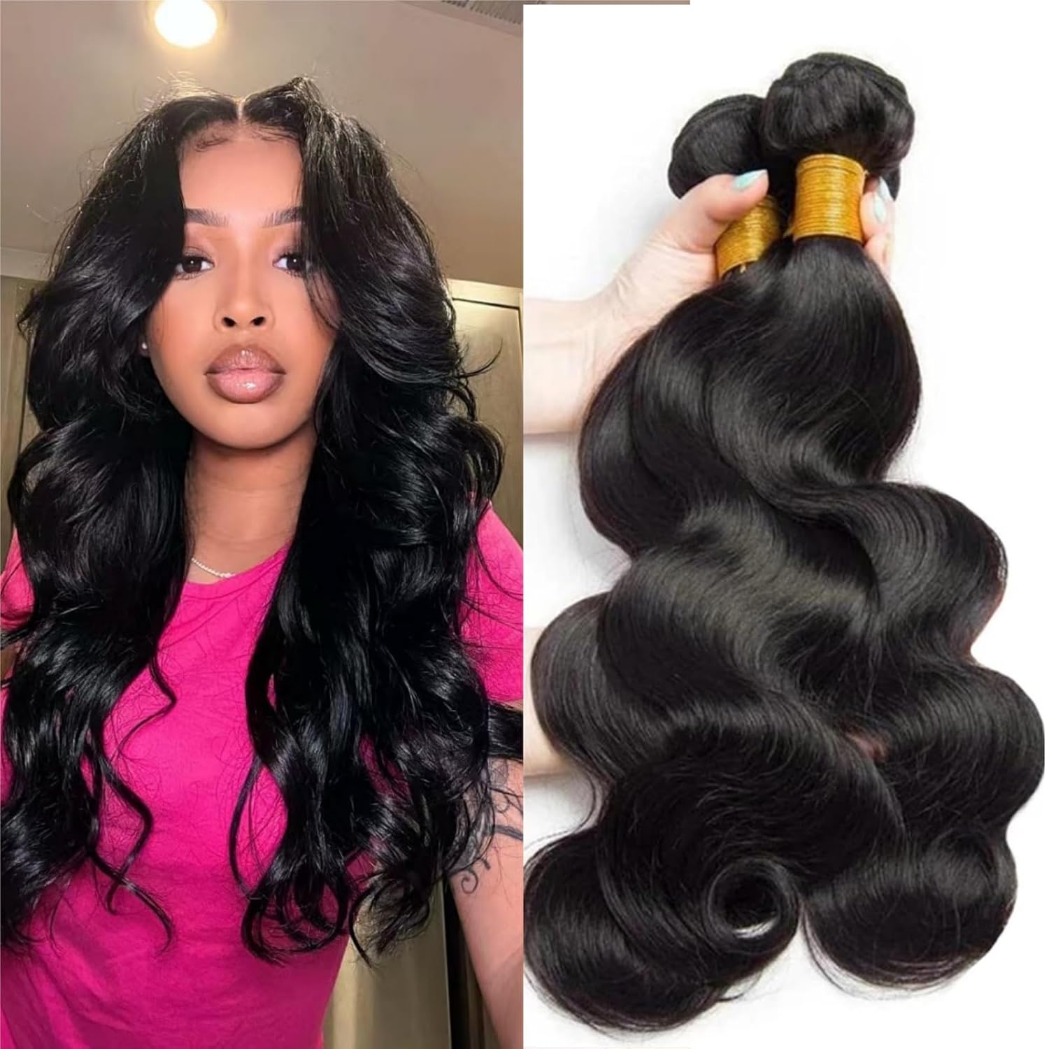 Detalle de SDDRSRA 12A Human Hair Bundles, 20/22/24-Inch Body Wave, Natural Black