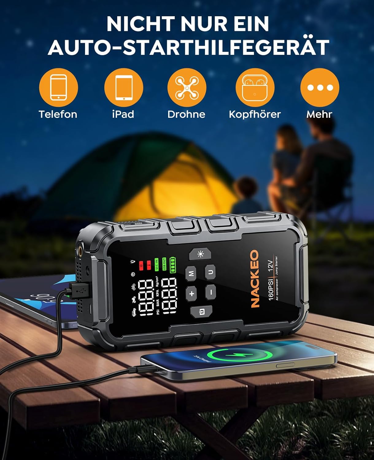 Detalle de 8000A Starthilfe Powerbank mit Kompressor – All-in-One Jump Starter inkl. 600 lm LED und 160 PSI Kompressor