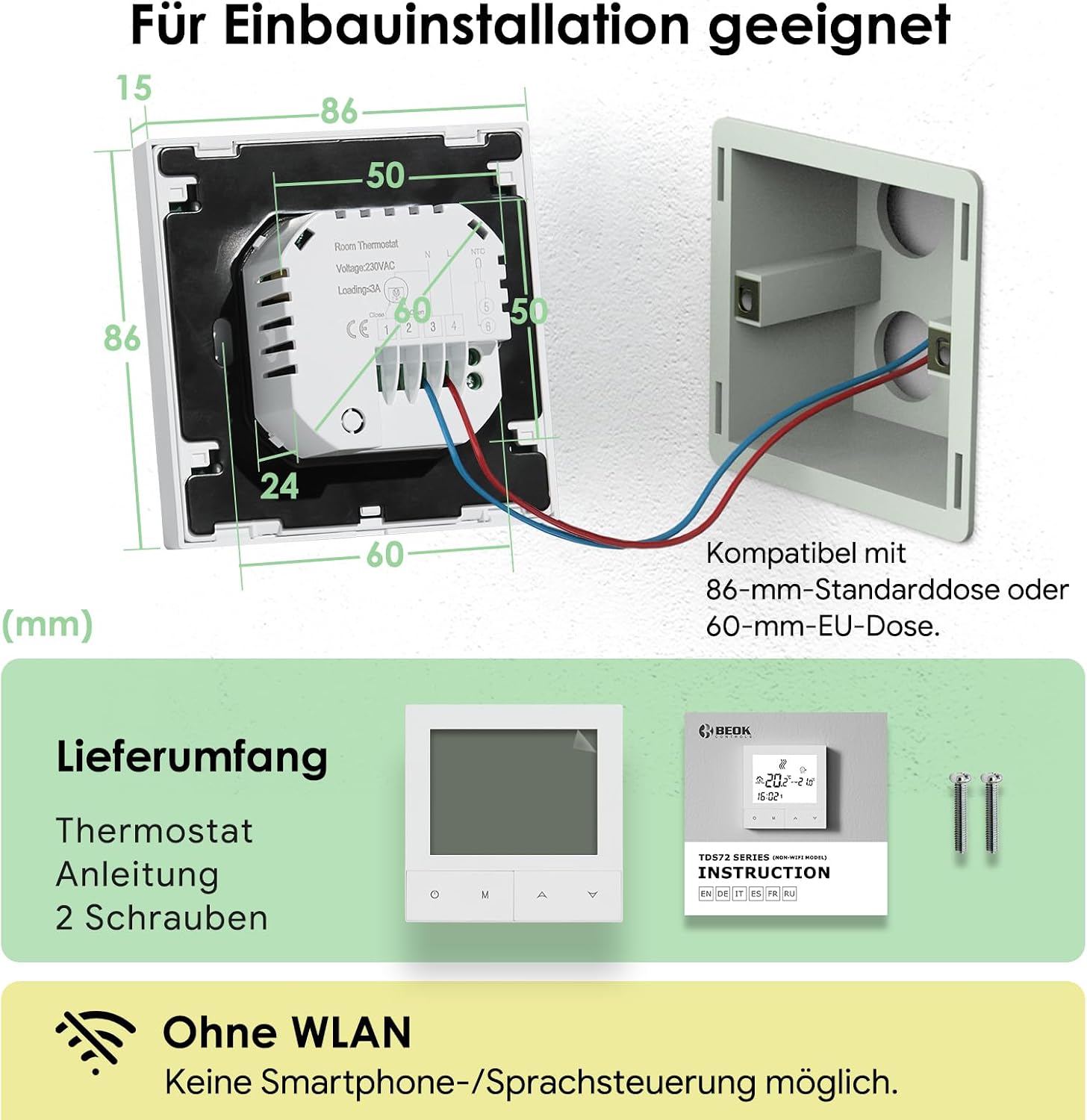 Detalle 1 de Beok TDS72-WP Thermostat 230 V für Fußbodenheizung