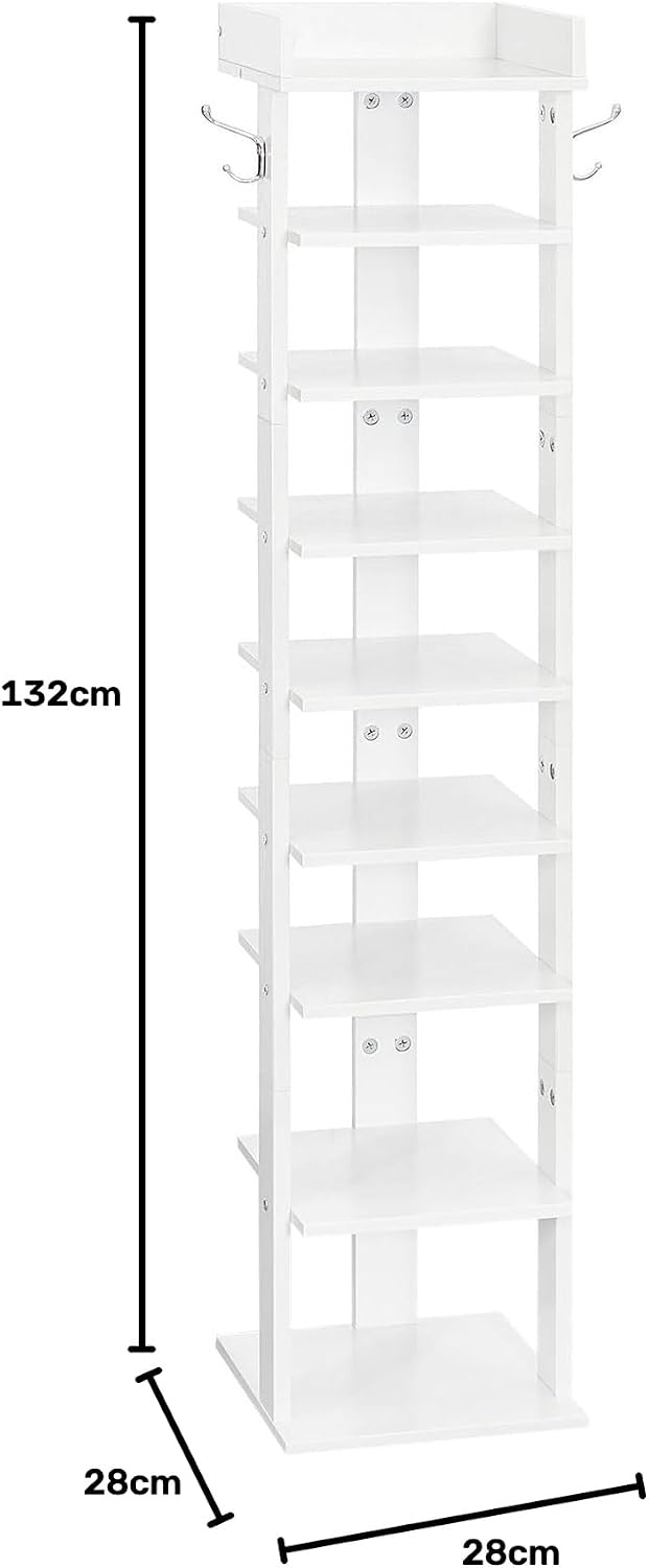 Detalle 2 de HOOBRO EWT81XJ01G2 9-Tier Shoe Rack, White, with Hooks and Top Fence