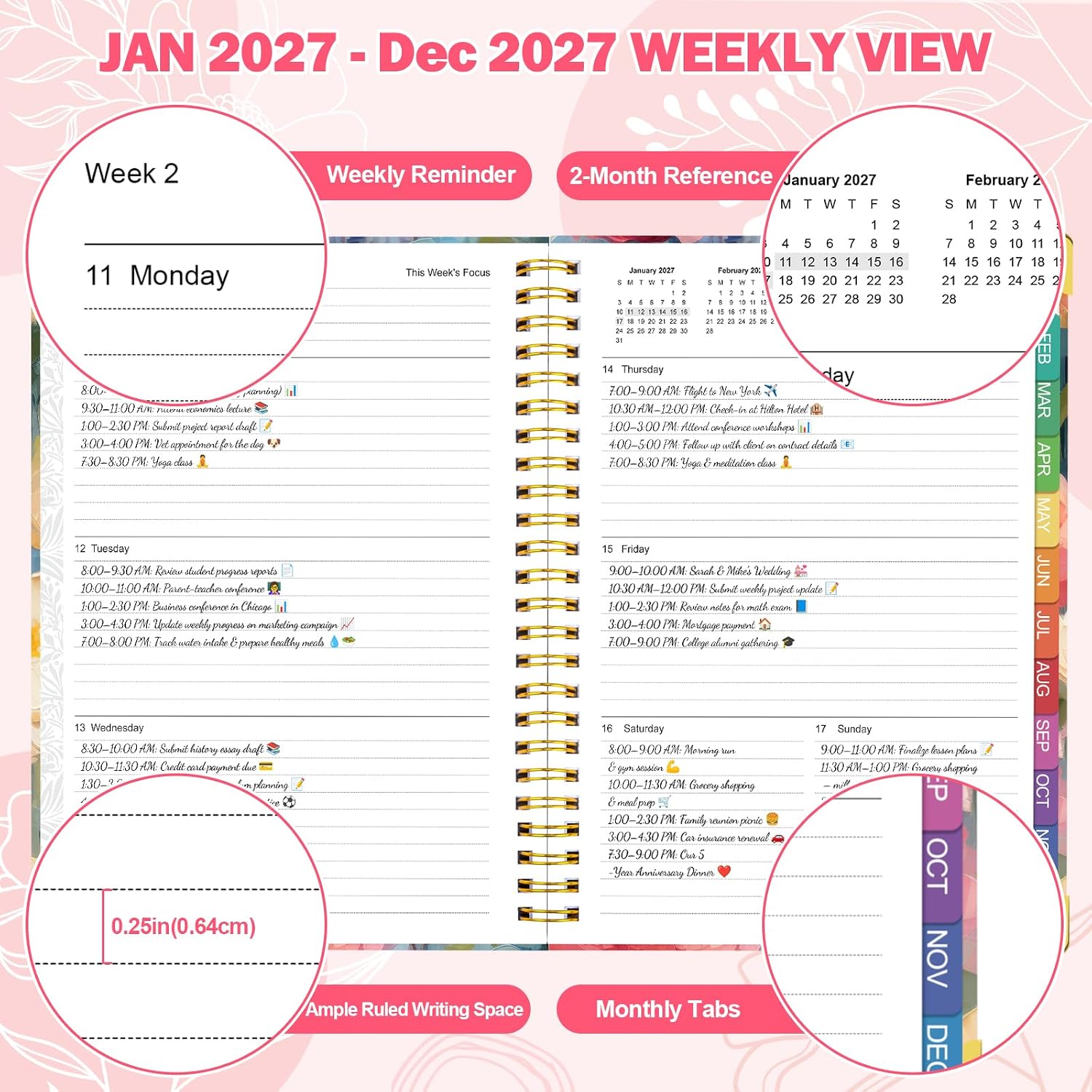 Detalle de OMEYA 2027 Weekly and Monthly Planner, 8.5 x 11 in, Floral Hardcover