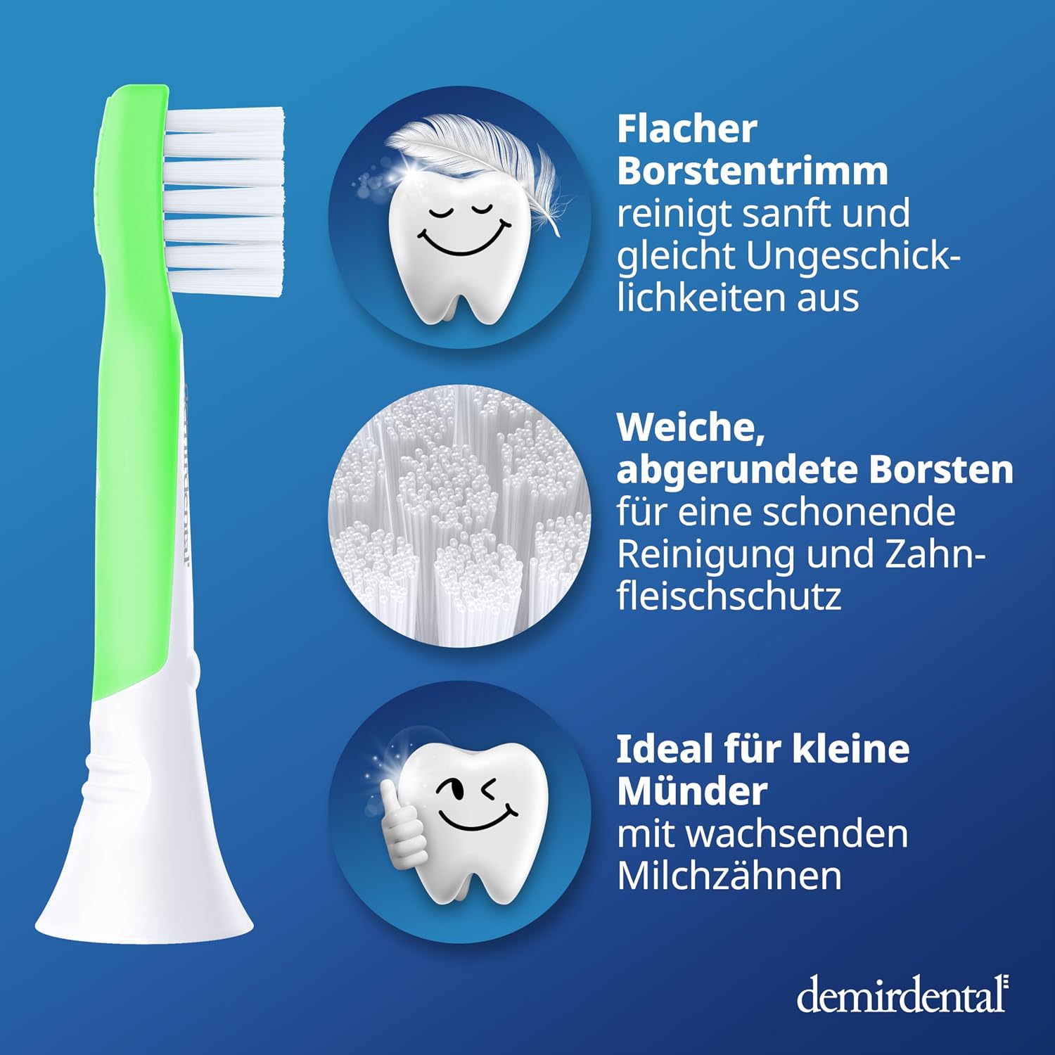 Detalle de demirdental Ersatzbürsten Kids (HX6034/HX6038 kompatibel) – extra weich, für 3–6 Jahre, 8er Set in Grün