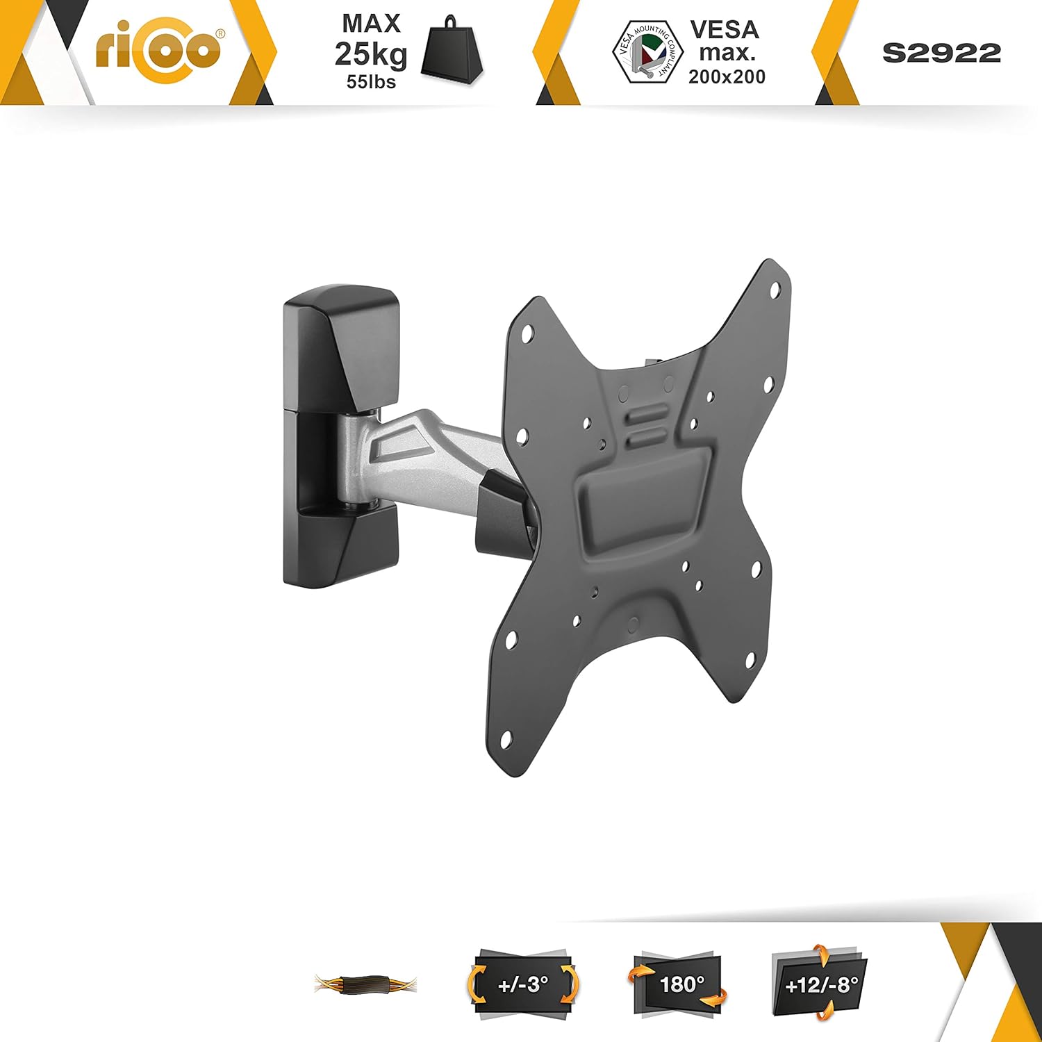 Thumbnail 1 de RICOO S2922: Supporto TV a parete girevole/inclinabile per Schermi 27–55" (69–140 cm) con VESA 75×75–200×200
