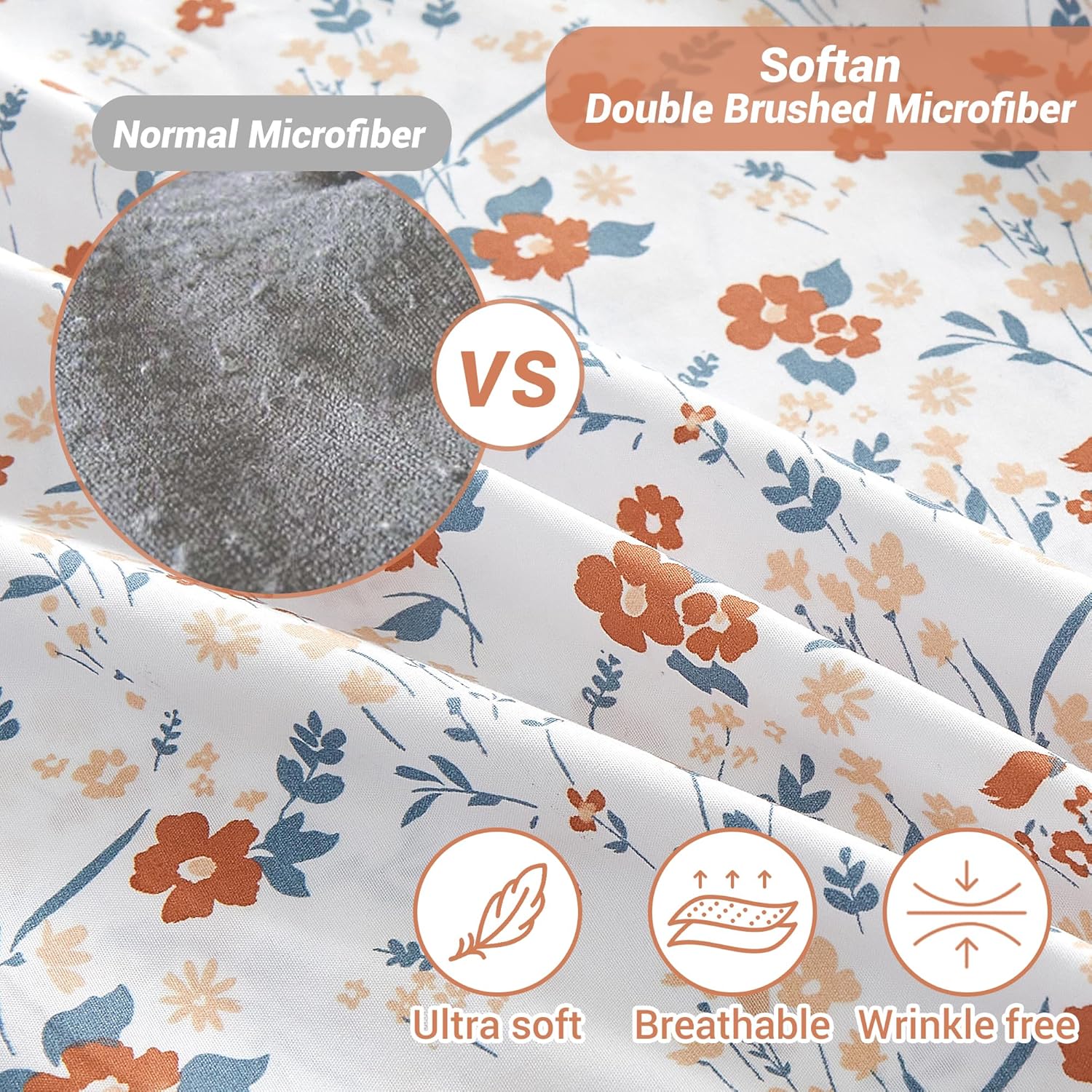 Detalle de Softan MICSHTADFLOWER01T Twin Microfiber Sheet Set, Orange Floral, 15" Pocket