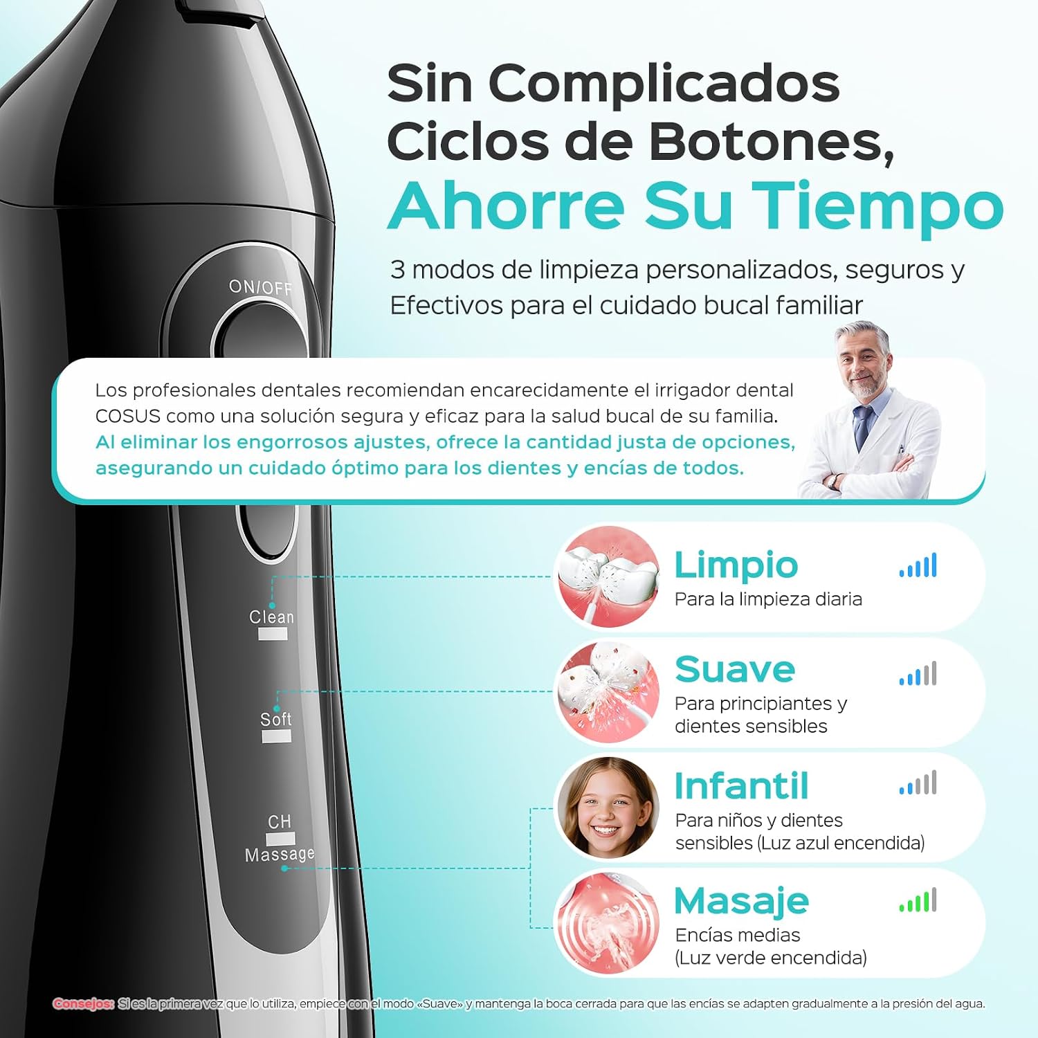 Detalle de COSLUS Irrigador Bucal Portátil Flosser 🌊 Limpieza Efectiva en Viaje