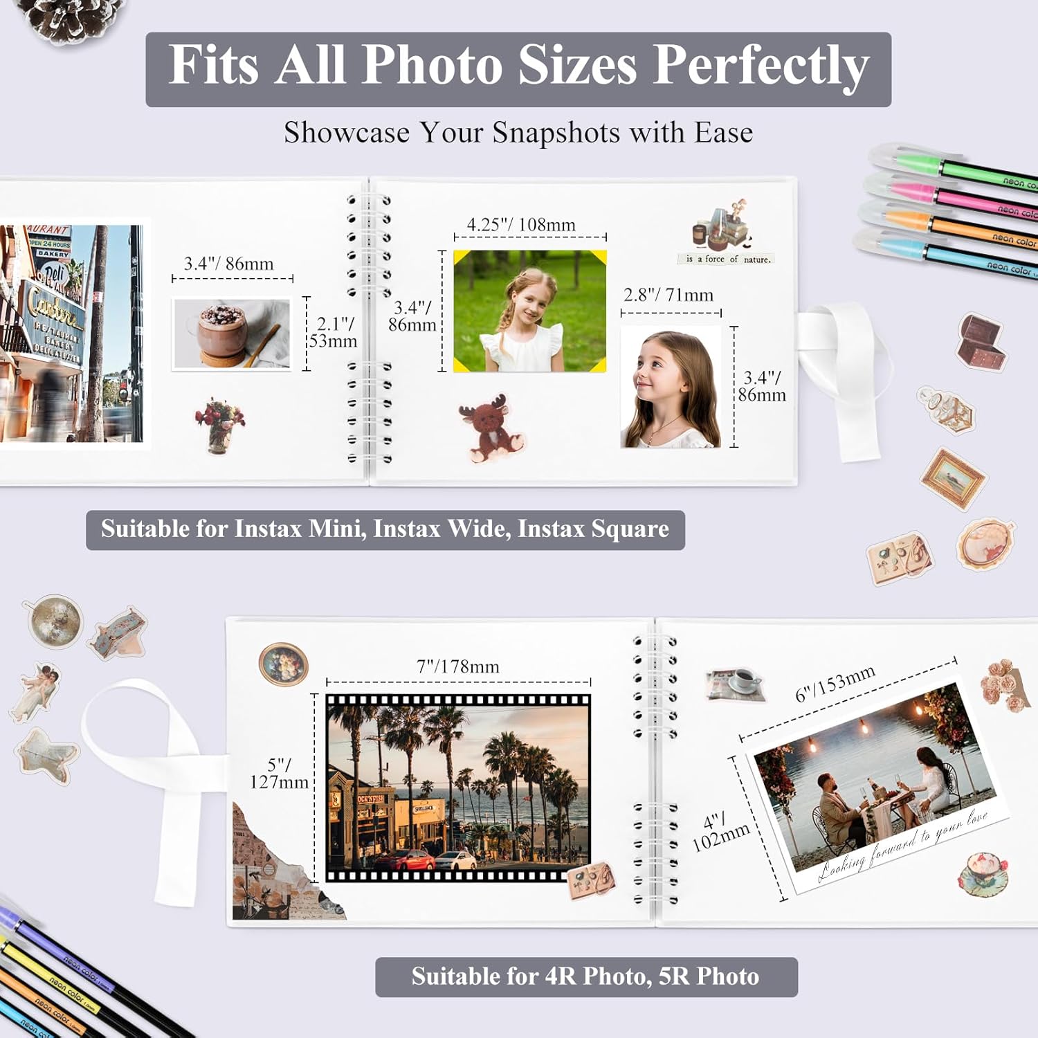 Thumbnail 4 de DazSpirit DIY Scrapbook Photo Album with Ribbon (80 Pages/40 Sheets) + 12 Markers & Stickers, White