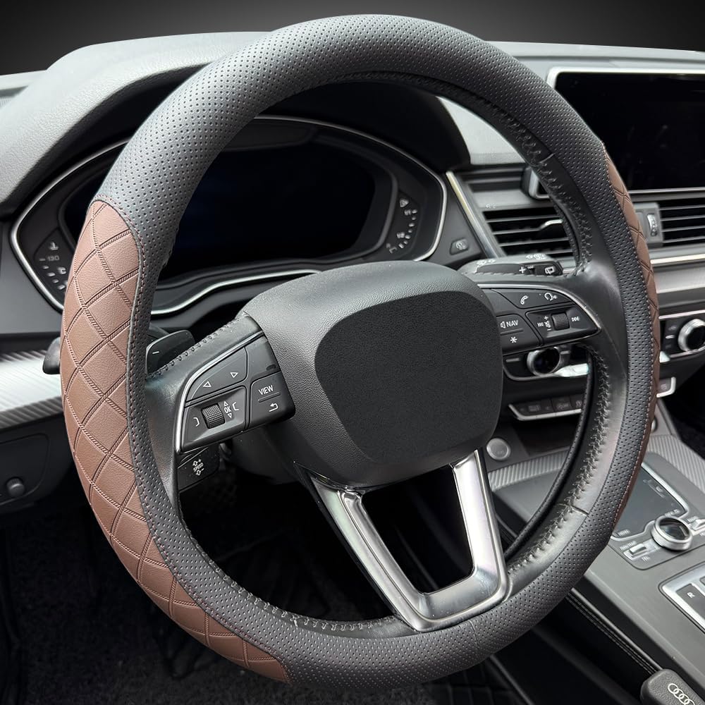 Thumbnail 5 de LKWLIKEI Nappa Leather Steering Wheel Cover with Elegant Diamond Checkered Design