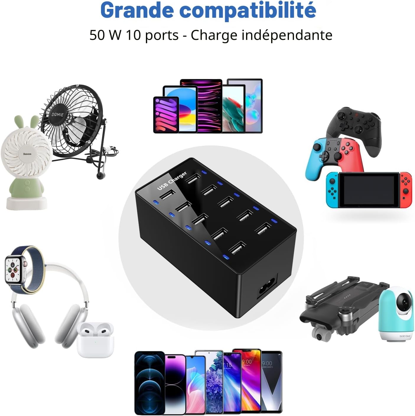 Thumbnail 2 de Chargeur MultiPorts 10 – Station USB de Bureau 50 W pour Smartphones, iPad et plus