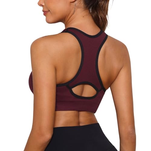 Detalle de Sykooria Brassière Sport Femme – Brassière Yoga avec coussinets amovibles, noir et rouge, taille S