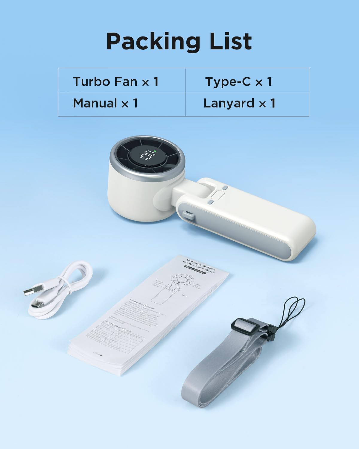 Detalle de EasyAcc Portable Handheld Turbo Fan: 5 Speeds, 4000mAh USB-C Rechargeable Mini Fan for Travel and Outdoor Use